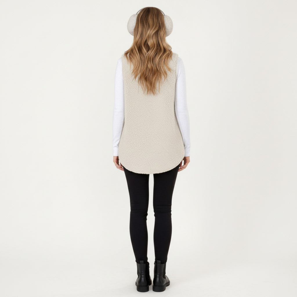 Anna-Kaci Women's Faux Shearling Button Front Vest with Collared Neckline, Chest Flap Pockets, and Longline Fit
