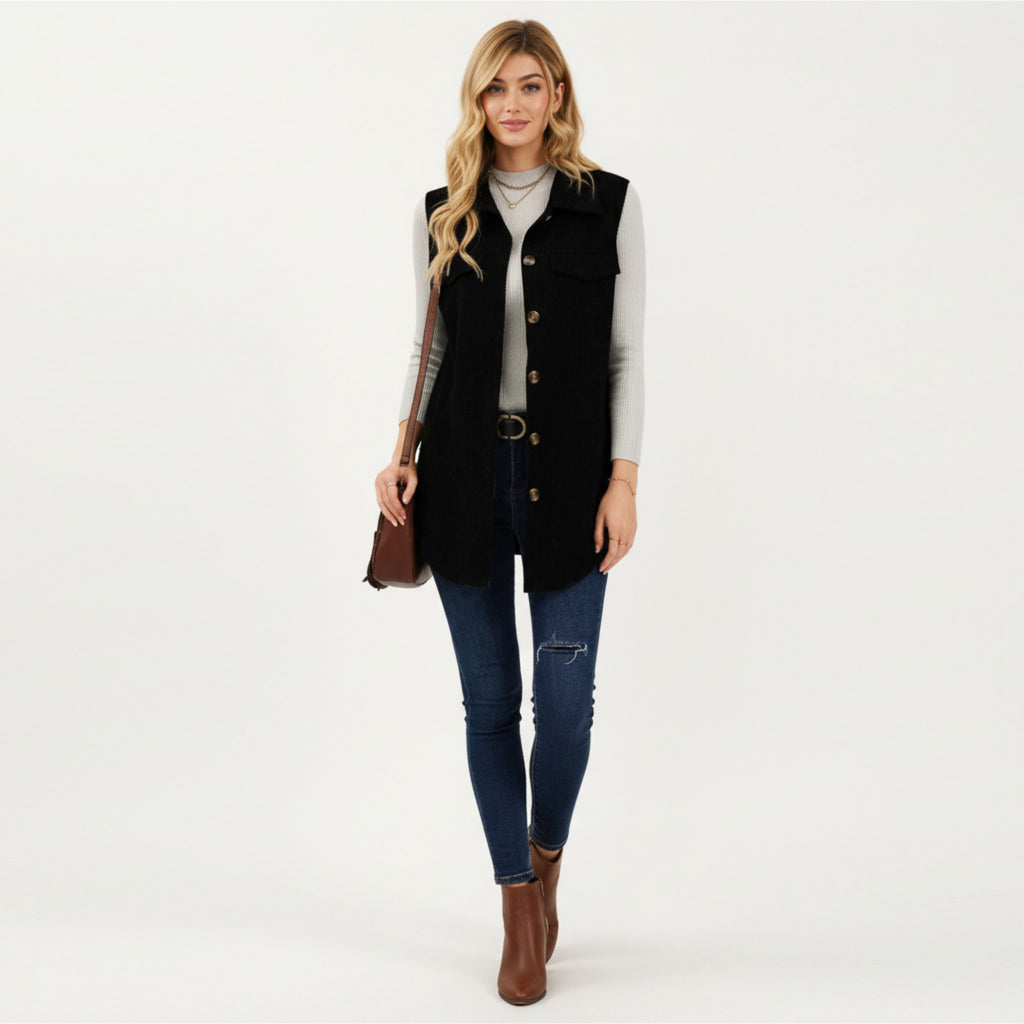 Anna-Kaci Women's Textured Button Front Vest with Collared Neckline, Chest Flap Pockets, and Relaxed Longline Fit