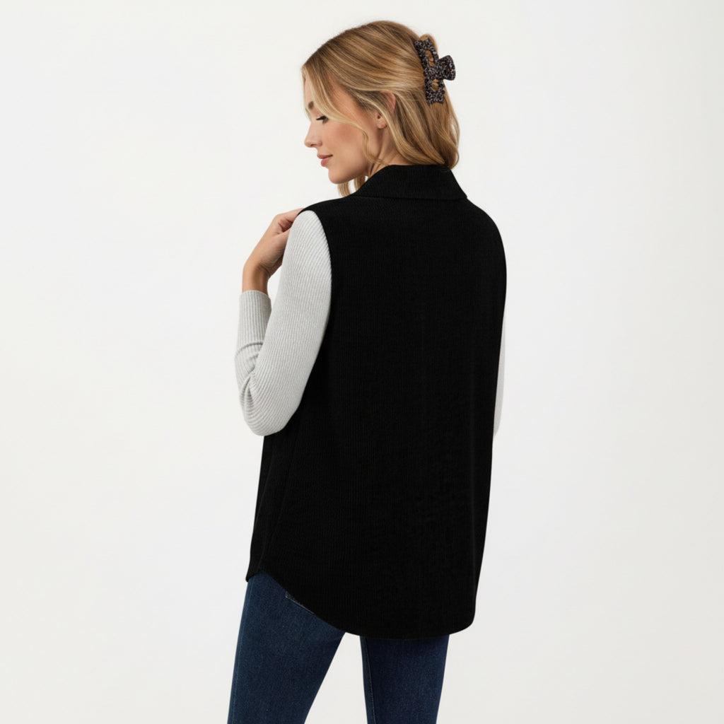 Anna-Kaci Women's Textured Button Front Vest with Collared Neckline, Chest Flap Pockets, and Relaxed Longline Fit