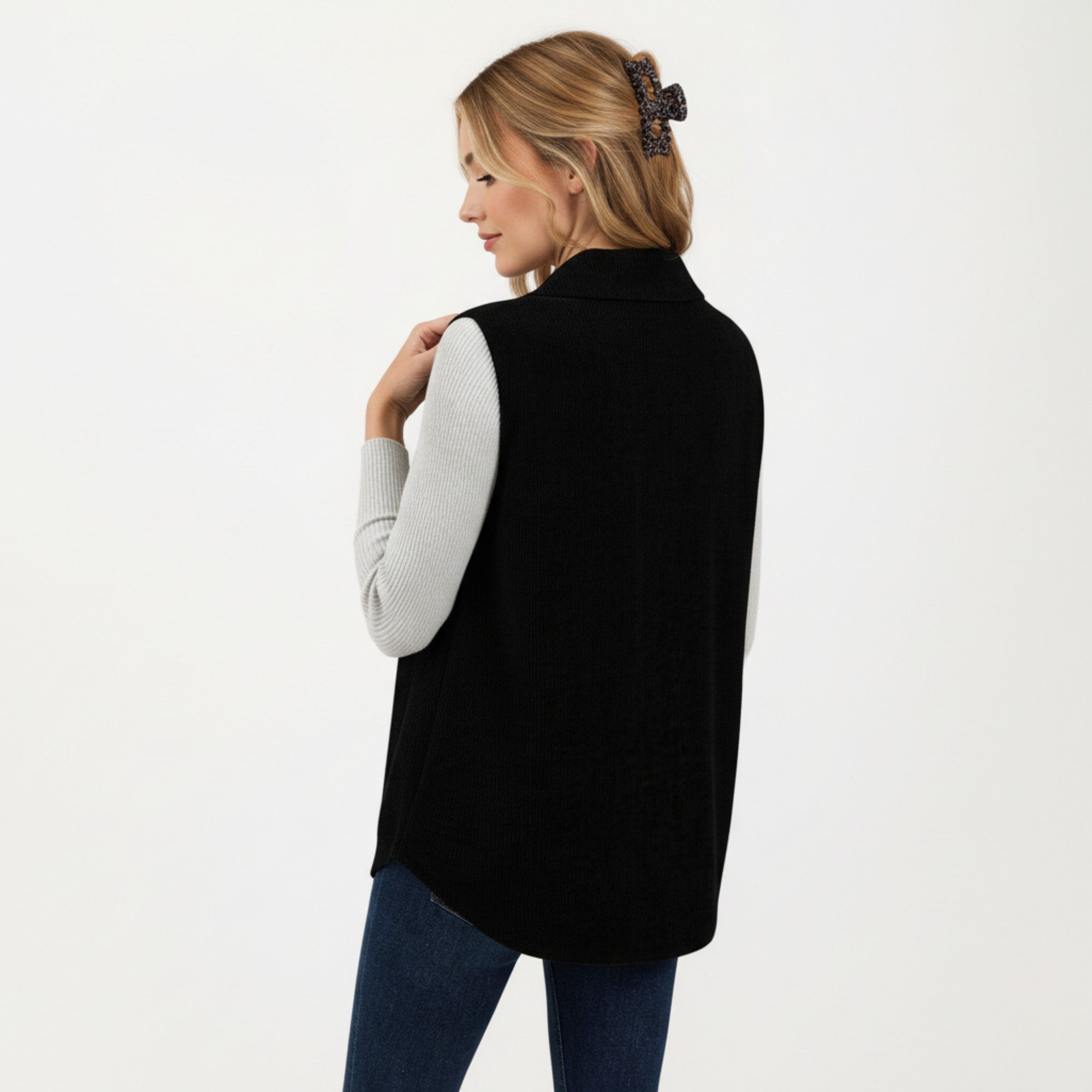 Anna-Kaci Women's Textured Button Front Vest with Collared Neckline, Chest Flap Pockets, and Relaxed Longline Fit
