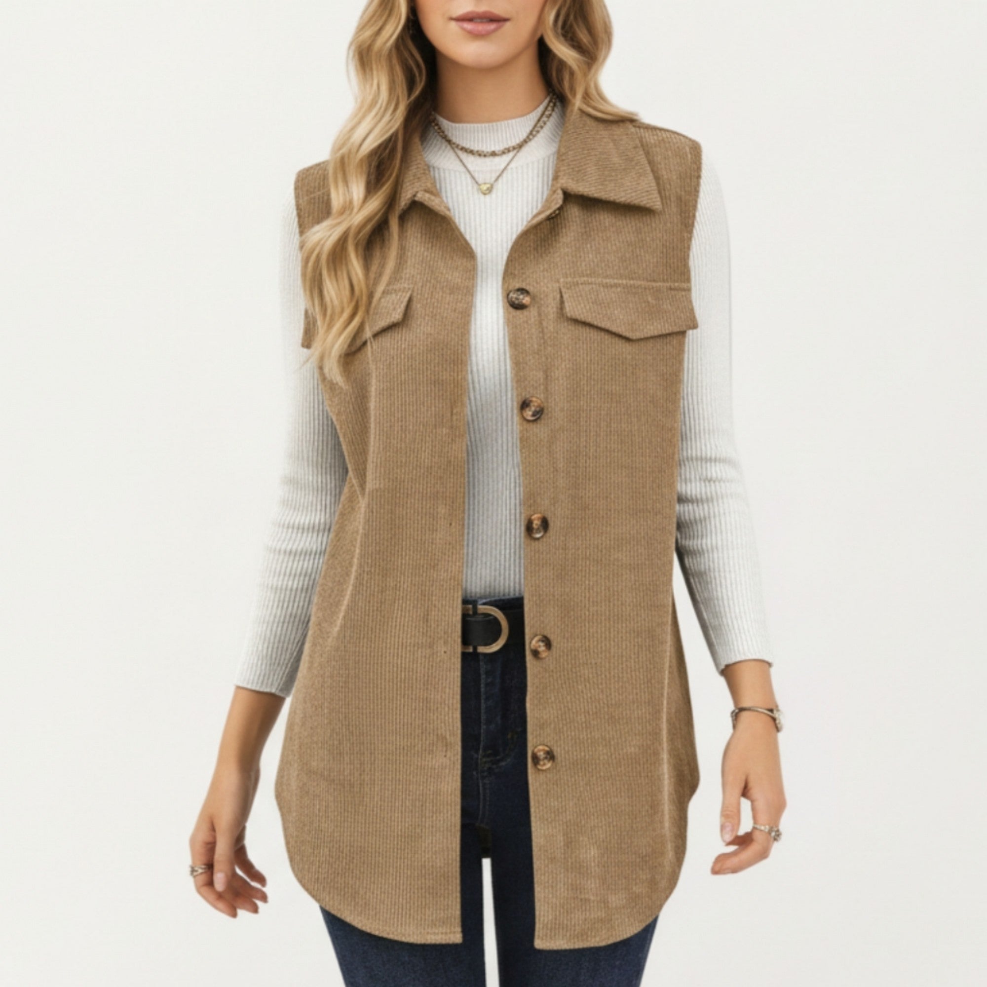 Anna-Kaci Women's Textured Button Front Vest with Collared Neckline, Chest Flap Pockets, and Relaxed Longline Fit