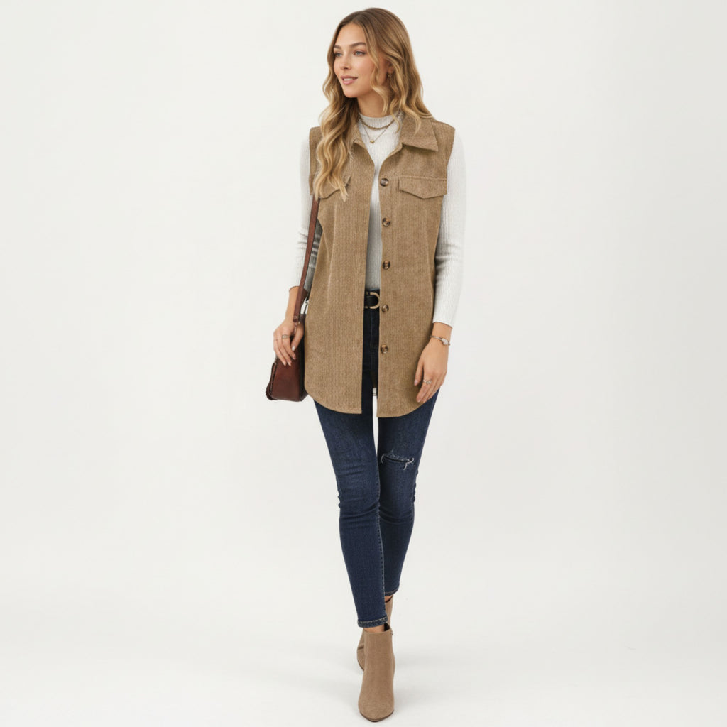 Anna-Kaci Women's Textured Button Front Vest with Collared Neckline, Chest Flap Pockets, and Relaxed Longline Fit