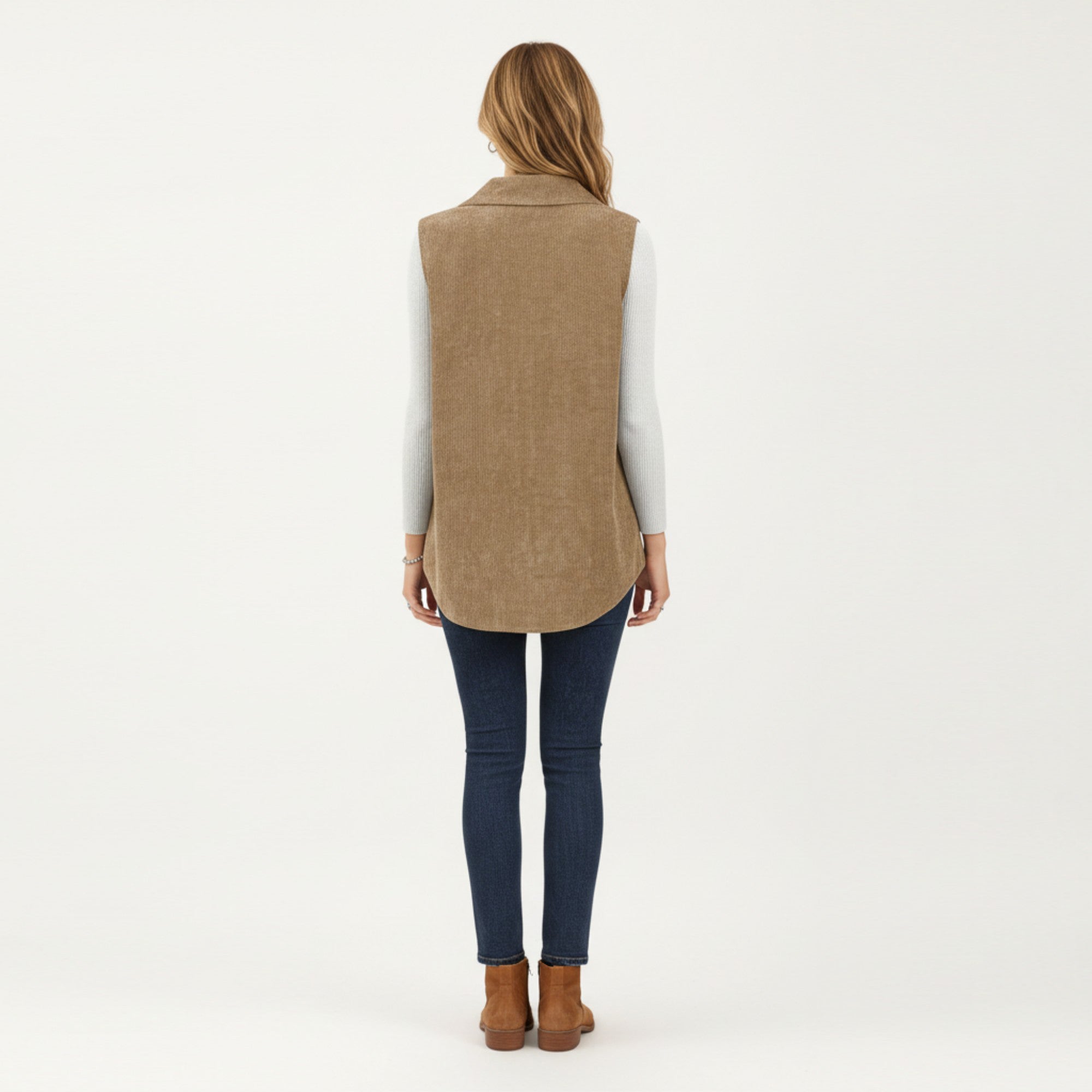 Anna-Kaci Women's Textured Button Front Vest with Collared Neckline, Chest Flap Pockets, and Relaxed Longline Fit