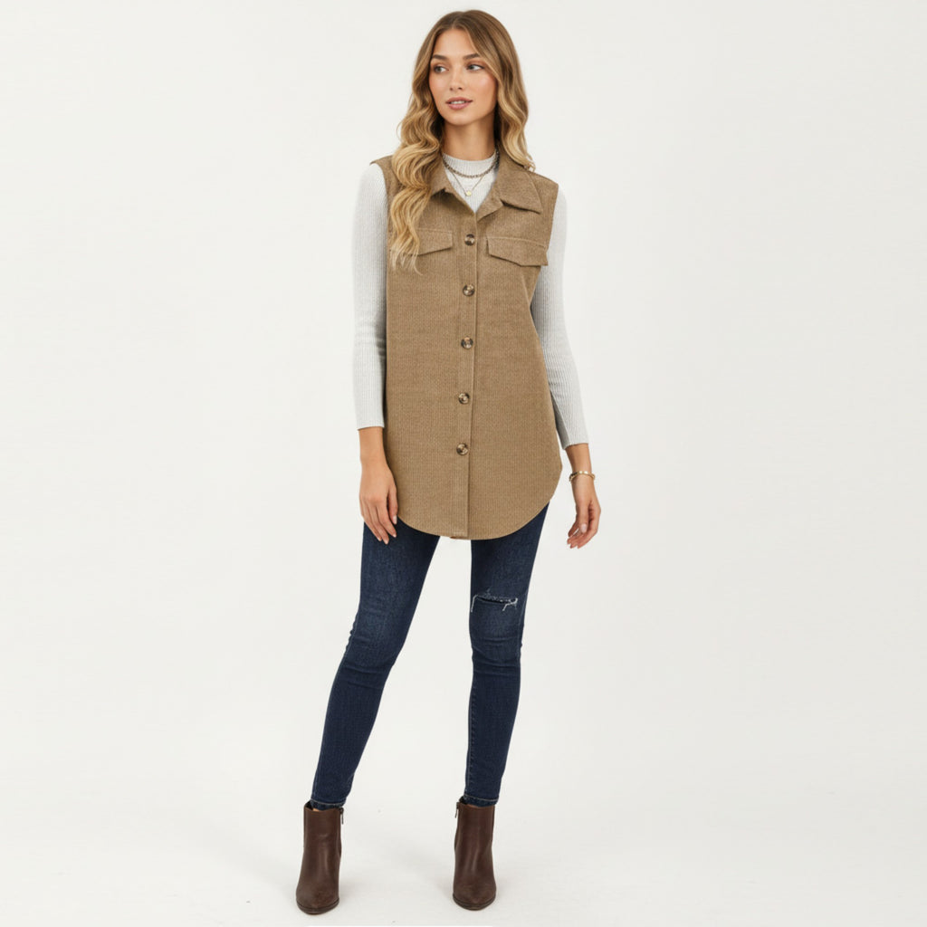 Anna-Kaci Women's Textured Button Front Vest with Collared Neckline, Chest Flap Pockets, and Relaxed Longline Fit