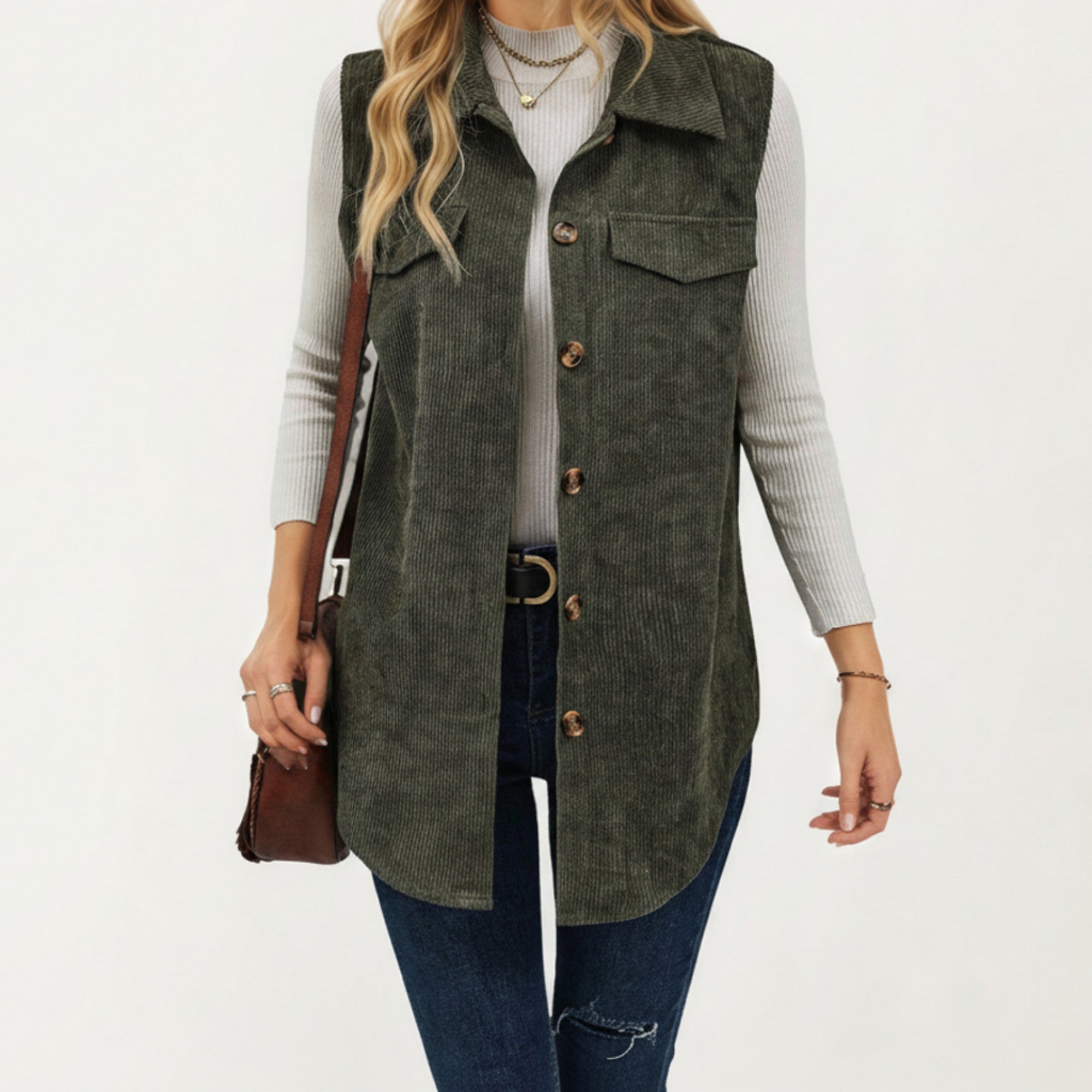 Anna-Kaci Women's Textured Button Front Vest with Collared Neckline, Chest Flap Pockets, and Relaxed Longline Fit
