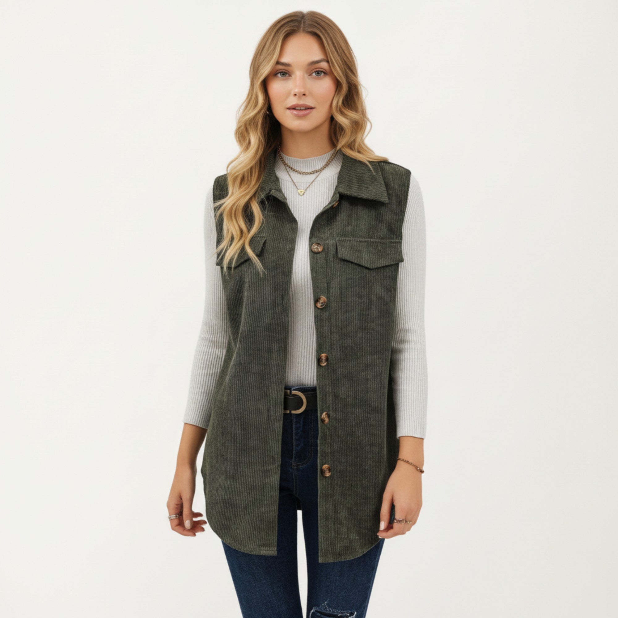 Anna-Kaci Women's Textured Button Front Vest with Collared Neckline, Chest Flap Pockets, and Relaxed Longline Fit