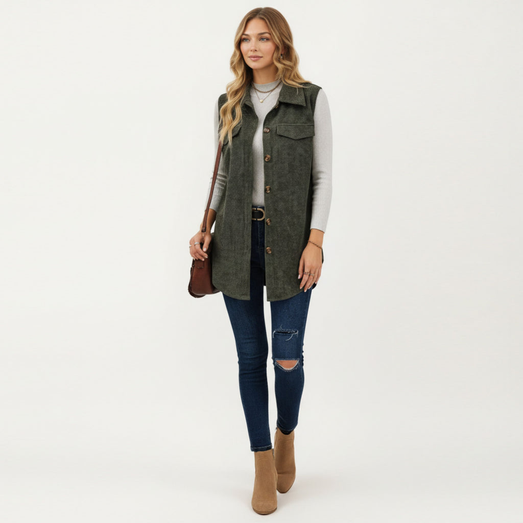 Anna-Kaci Women's Textured Button Front Vest with Collared Neckline, Chest Flap Pockets, and Relaxed Longline Fit
