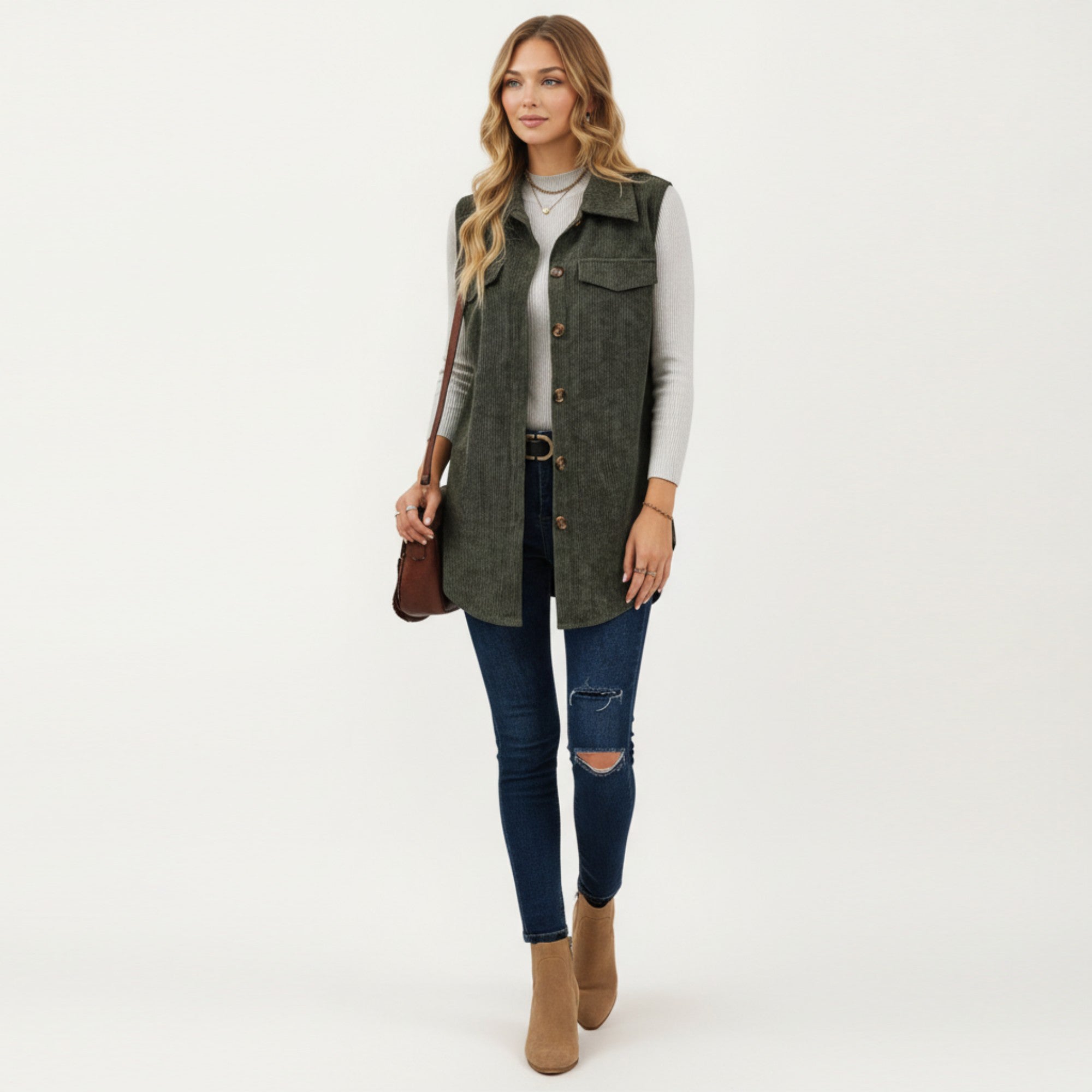 Anna-Kaci Women's Textured Button Front Vest with Collared Neckline, Chest Flap Pockets, and Relaxed Longline Fit