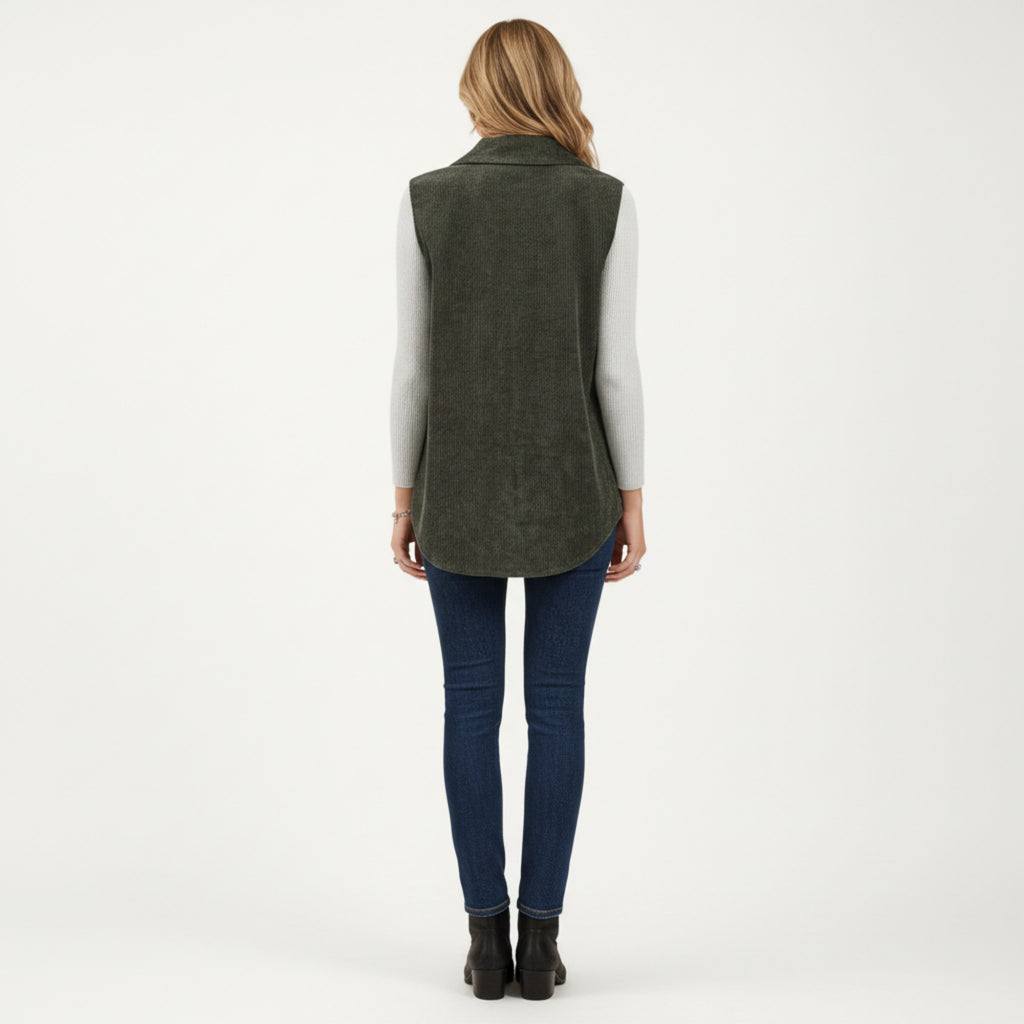 Anna-Kaci Women's Textured Button Front Vest with Collared Neckline, Chest Flap Pockets, and Relaxed Longline Fit