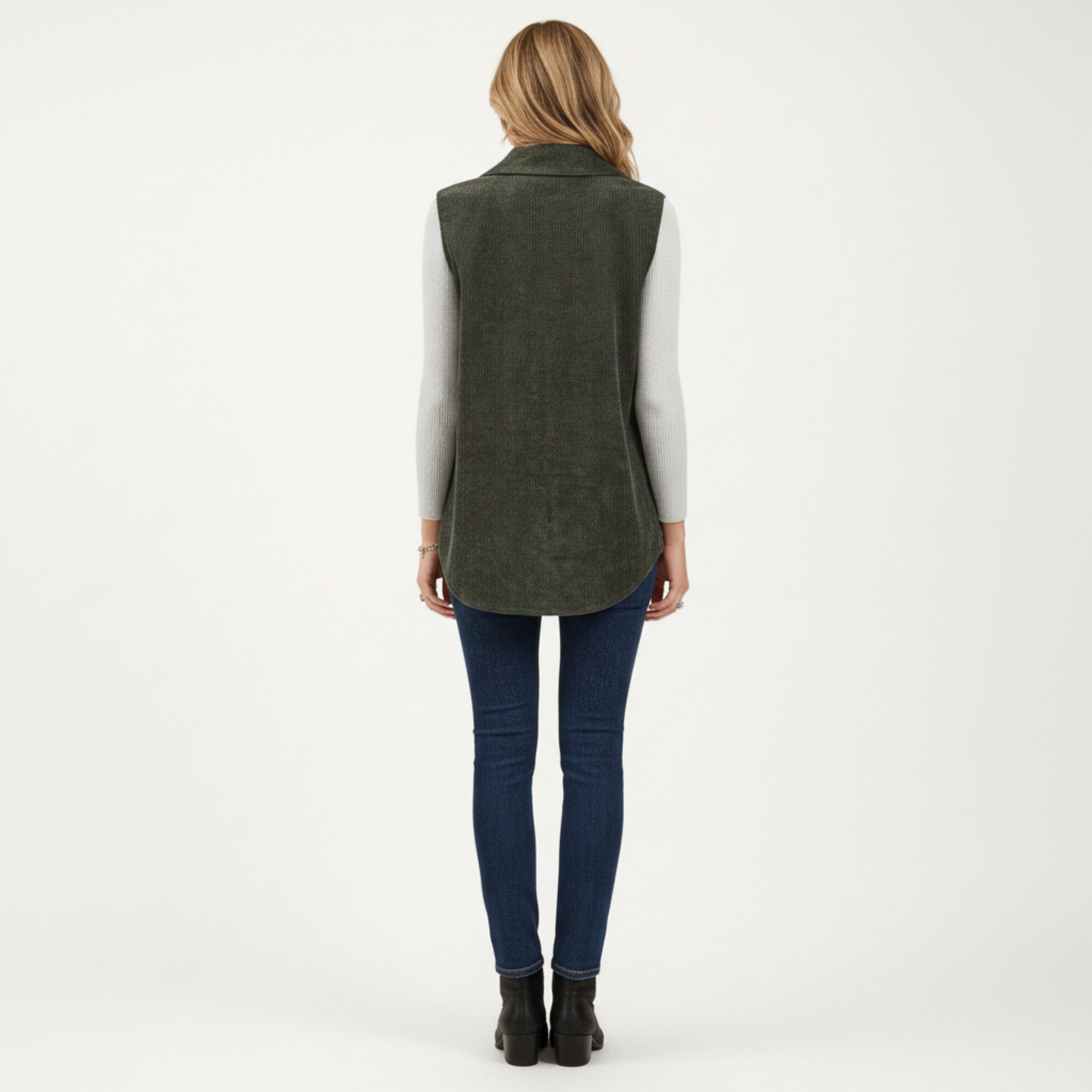 Anna-Kaci Women's Textured Button Front Vest with Collared Neckline, Chest Flap Pockets, and Relaxed Longline Fit