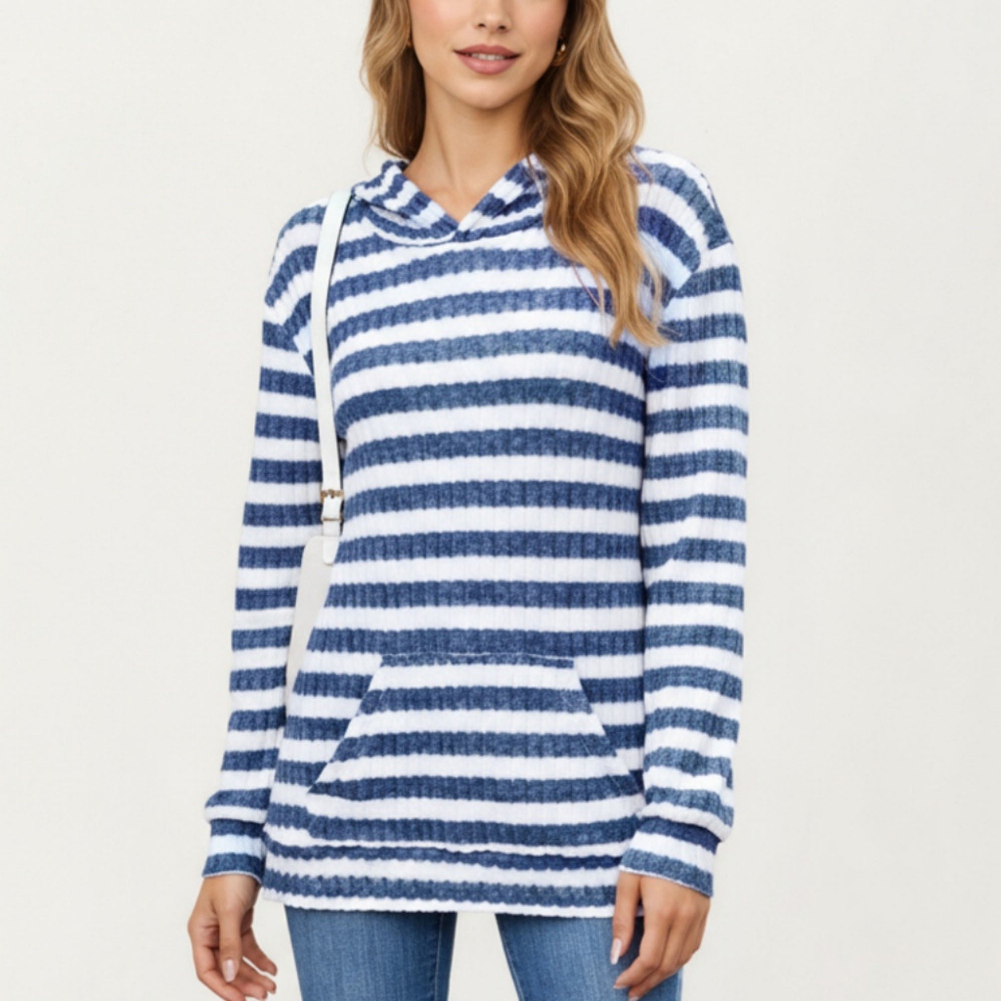 Anna-Kaci Women¡¯s Striped Ribbed Knit Hoodie Top with Soft Textured Fabric Long Sleeves and Kangaroo Pocket Tunic-Length Design