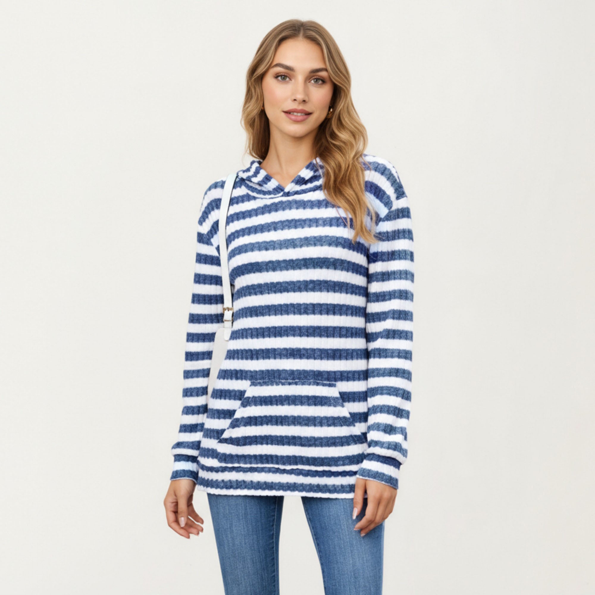 Anna-Kaci Women¡¯s Striped Ribbed Knit Hoodie Top with Soft Textured Fabric Long Sleeves and Kangaroo Pocket Tunic-Length Design