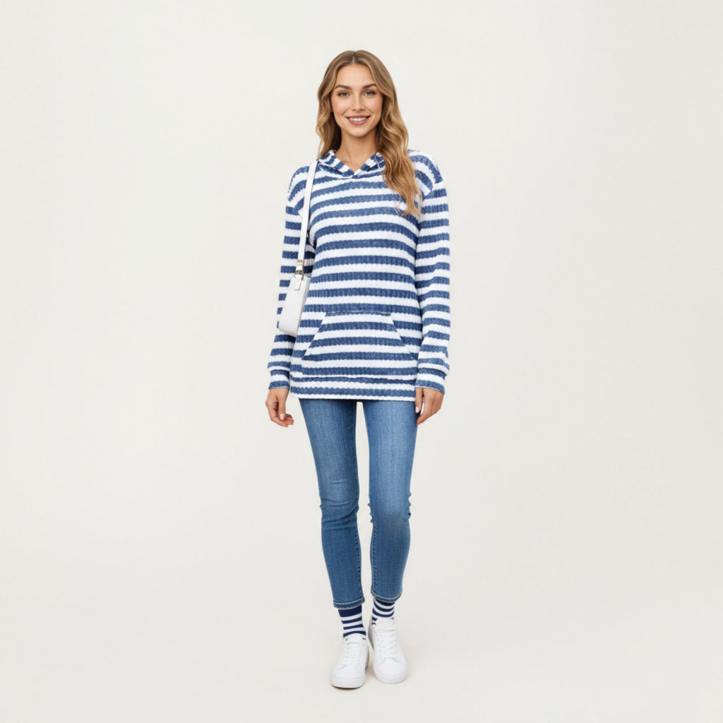 Anna-Kaci Women¡¯s Striped Ribbed Knit Hoodie Top with Soft Textured Fabric Long Sleeves and Kangaroo Pocket Tunic-Length Design
