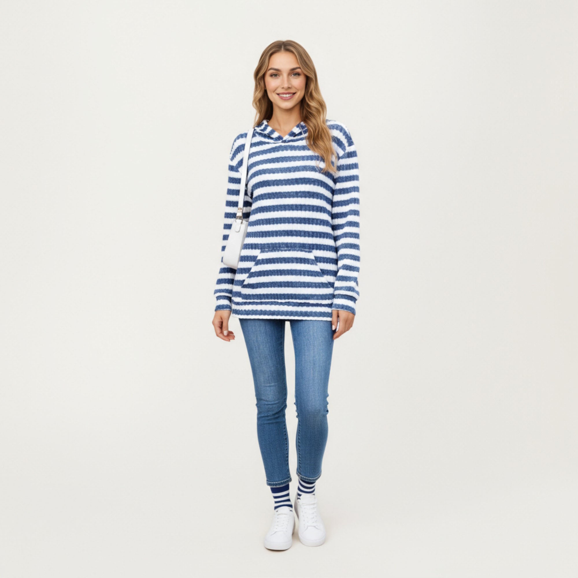 Anna-Kaci Women¡¯s Striped Ribbed Knit Hoodie Top with Soft Textured Fabric Long Sleeves and Kangaroo Pocket Tunic-Length Design