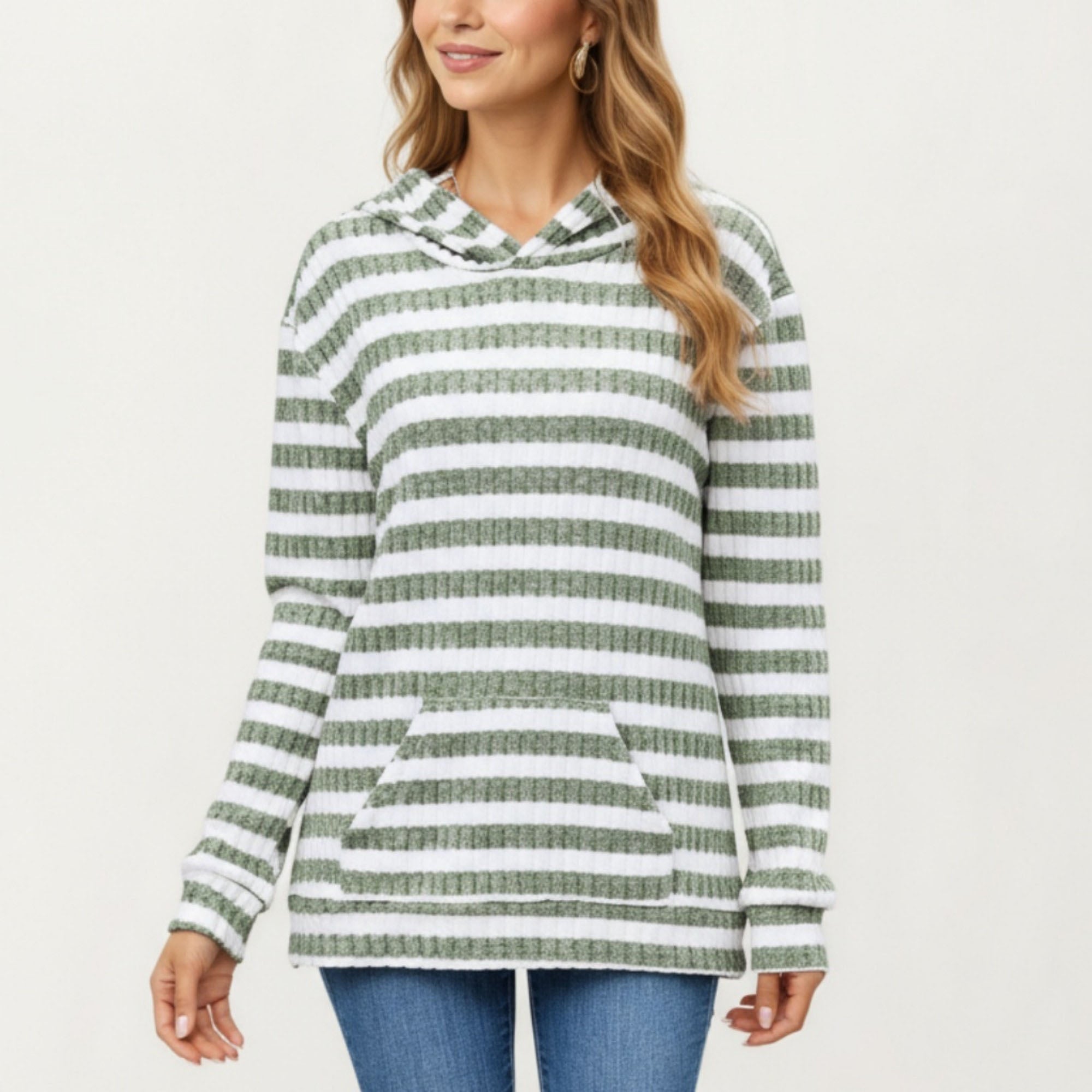 Anna-Kaci Women¡¯s Striped Ribbed Knit Hoodie Top with Soft Textured Fabric Long Sleeves and Kangaroo Pocket Tunic-Length Design
