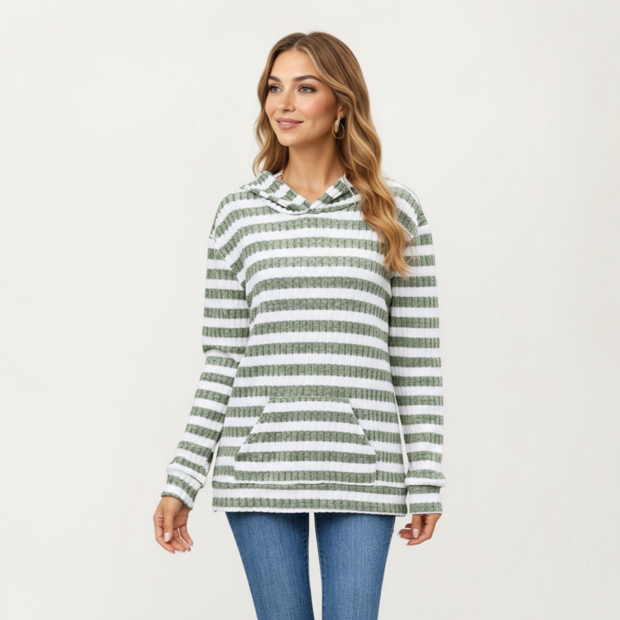 Anna-Kaci Women¡¯s Striped Ribbed Knit Hoodie Top with Soft Textured Fabric Long Sleeves and Kangaroo Pocket Tunic-Length Design