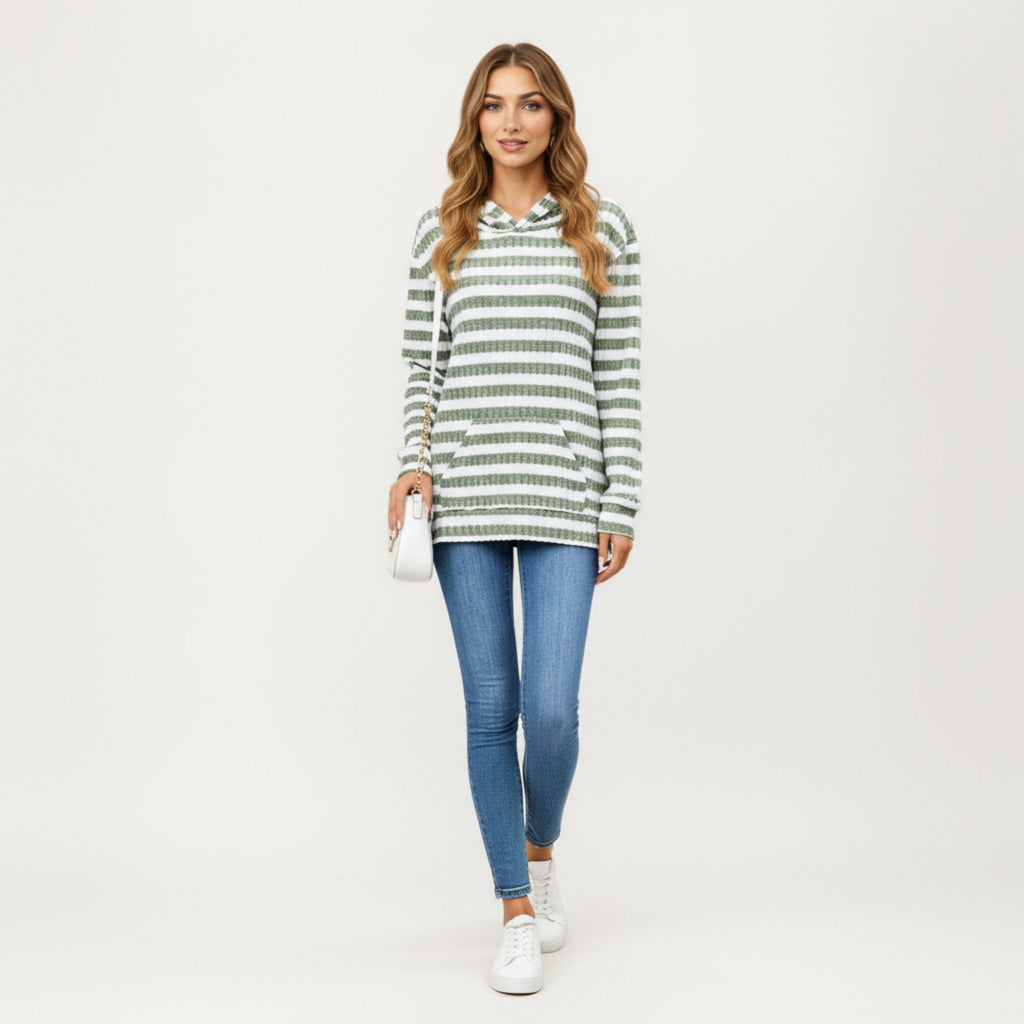 Anna-Kaci Women¡¯s Striped Ribbed Knit Hoodie Top with Soft Textured Fabric Long Sleeves and Kangaroo Pocket Tunic-Length Design