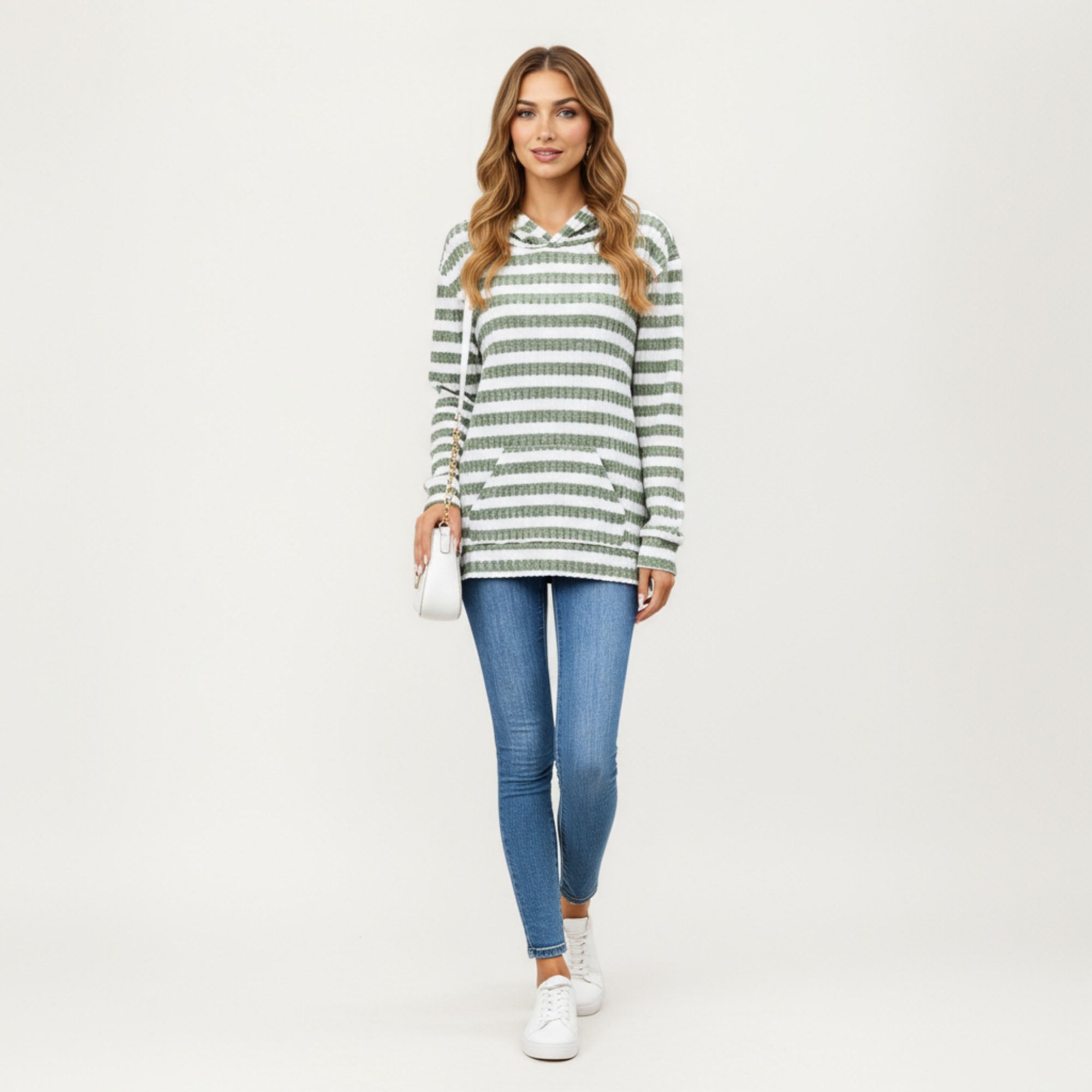 Anna-Kaci Women¡¯s Striped Ribbed Knit Hoodie Top with Soft Textured Fabric Long Sleeves and Kangaroo Pocket Tunic-Length Design