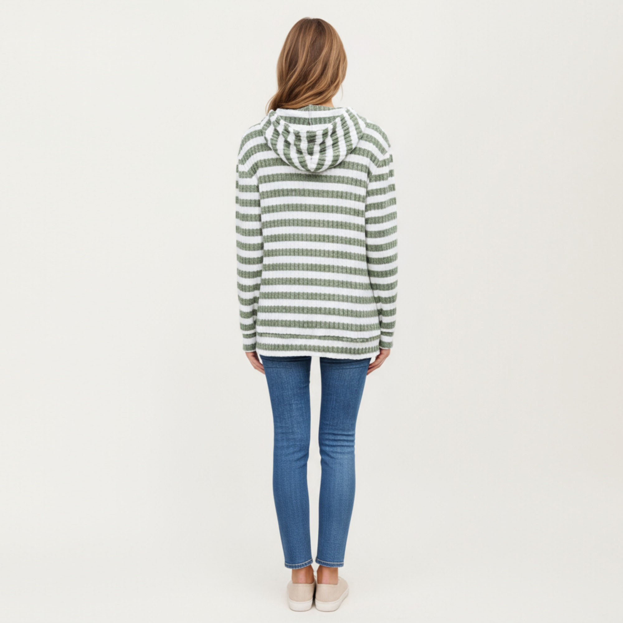 Anna-Kaci Women¡¯s Striped Ribbed Knit Hoodie Top with Soft Textured Fabric Long Sleeves and Kangaroo Pocket Tunic-Length Design