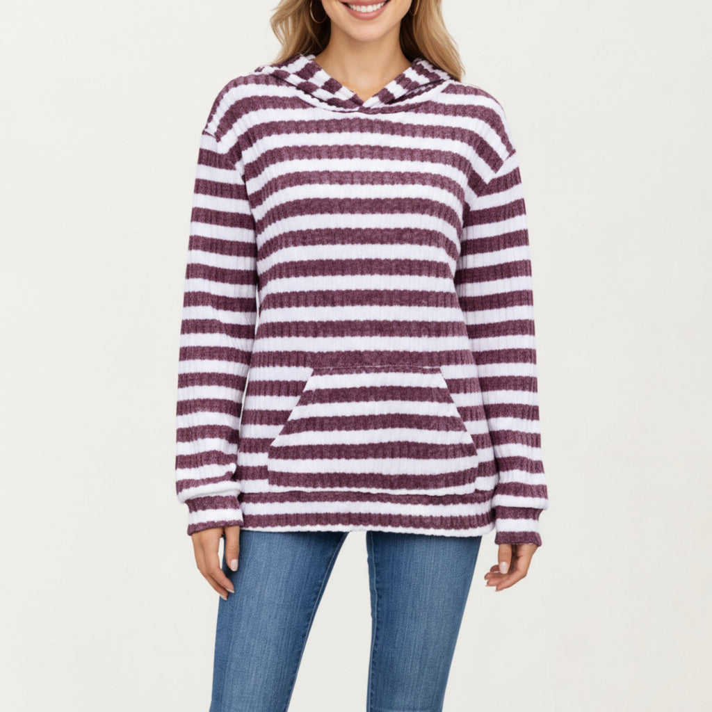 Anna-Kaci Women¡¯s Striped Ribbed Knit Hoodie Top with Soft Textured Fabric Long Sleeves and Kangaroo Pocket Tunic-Length Design