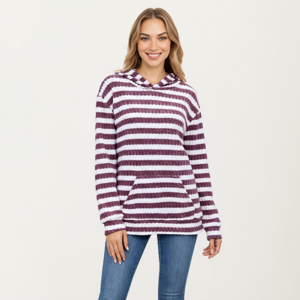 Anna-Kaci Women¡¯s Striped Ribbed Knit Hoodie Top with Soft Textured Fabric Long Sleeves and Kangaroo Pocket Tunic-Length Design