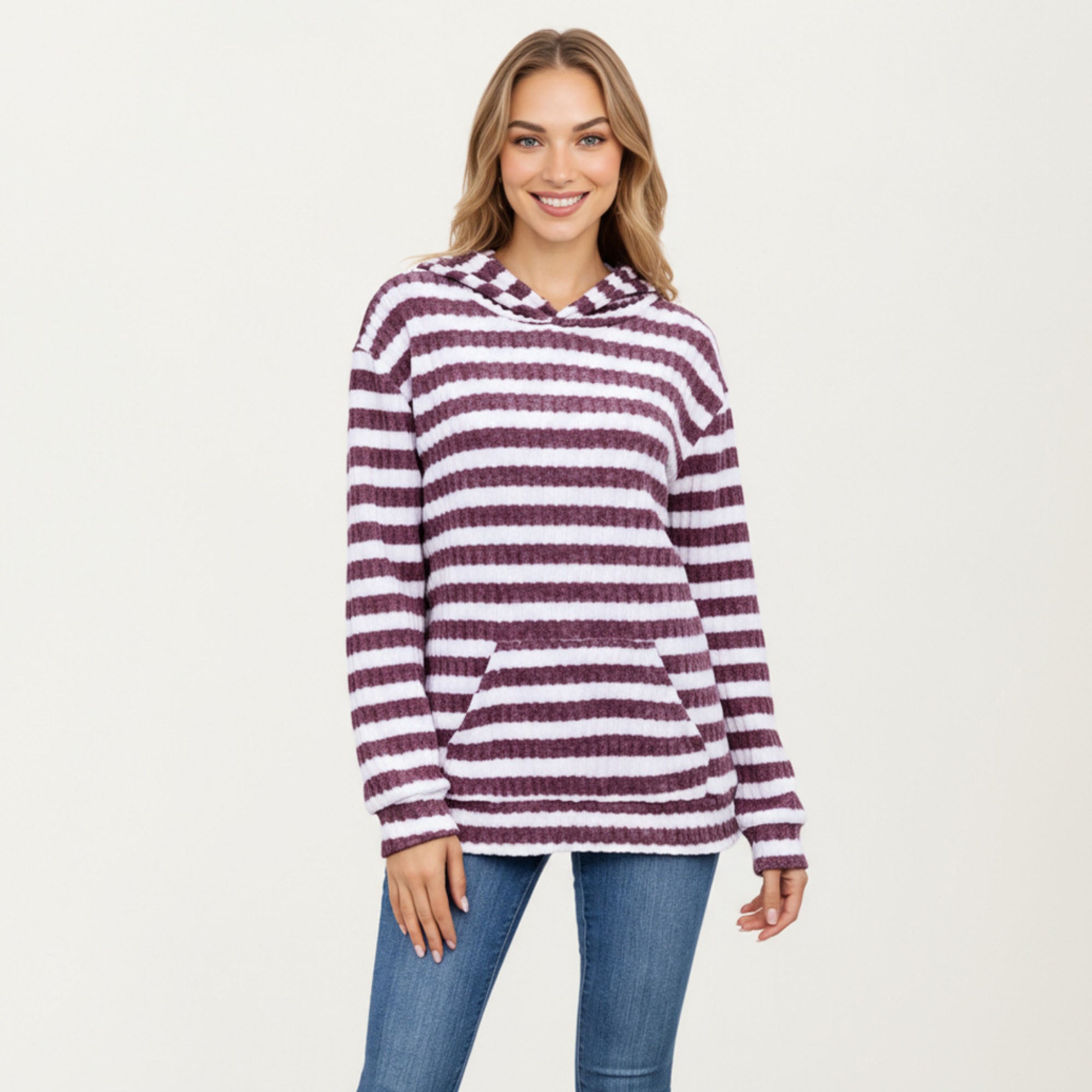 Anna-Kaci Women¡¯s Striped Ribbed Knit Hoodie Top with Soft Textured Fabric Long Sleeves and Kangaroo Pocket Tunic-Length Design