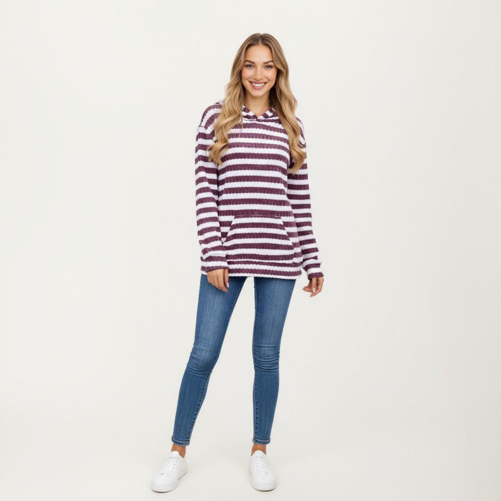 Anna-Kaci Women¡¯s Striped Ribbed Knit Hoodie Top with Soft Textured Fabric Long Sleeves and Kangaroo Pocket Tunic-Length Design