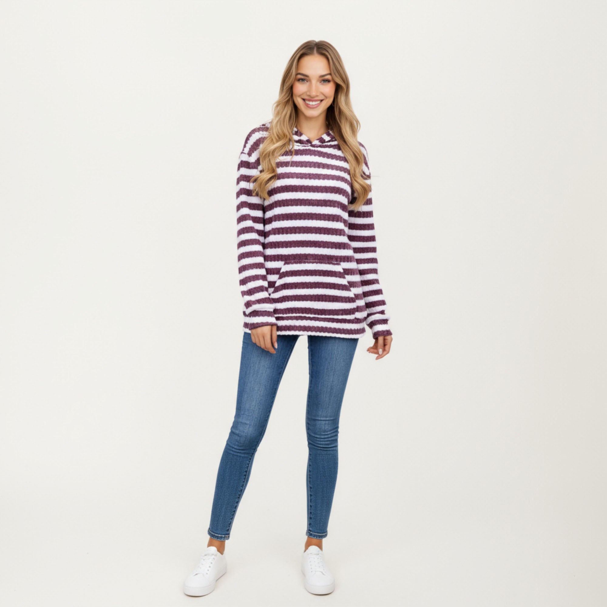 Anna-Kaci Women¡¯s Striped Ribbed Knit Hoodie Top with Soft Textured Fabric Long Sleeves and Kangaroo Pocket Tunic-Length Design