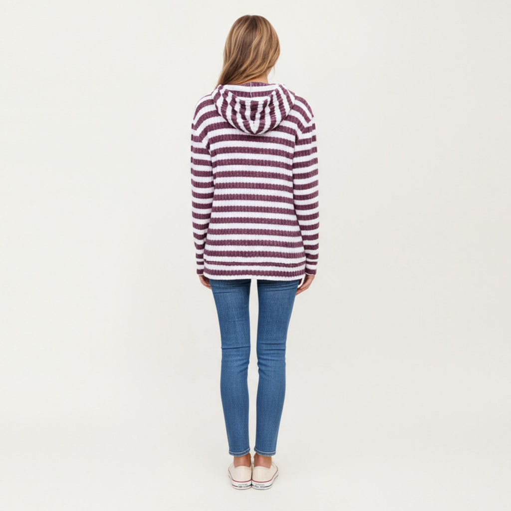 Anna-Kaci Women¡¯s Striped Ribbed Knit Hoodie Top with Soft Textured Fabric Long Sleeves and Kangaroo Pocket Tunic-Length Design
