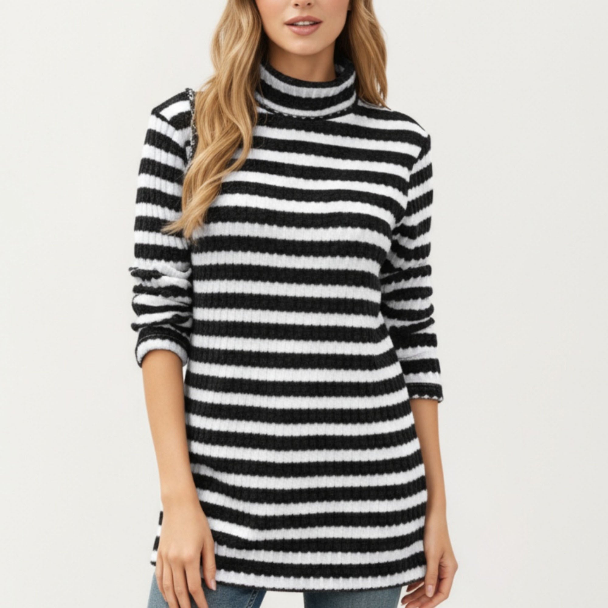 Anna-Kaci Women¡¯s Ribbed Turtleneck Pullover Top with Soft Textured Striped Knit Long Sleeves and Relaxed Tunic-Length Silhouette