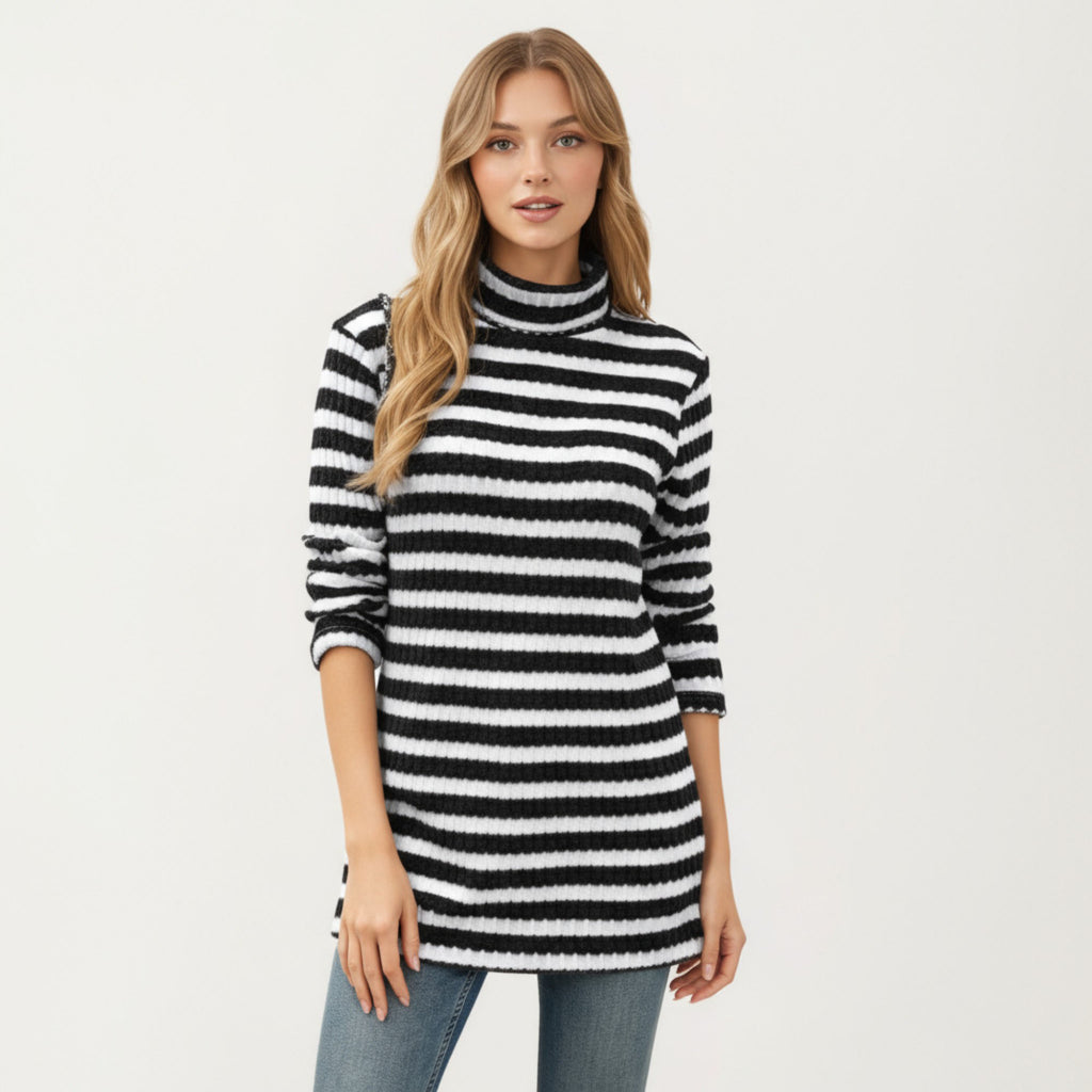 Anna-Kaci Women¡¯s Ribbed Turtleneck Pullover Top with Soft Textured Striped Knit Long Sleeves and Relaxed Tunic-Length Silhouette