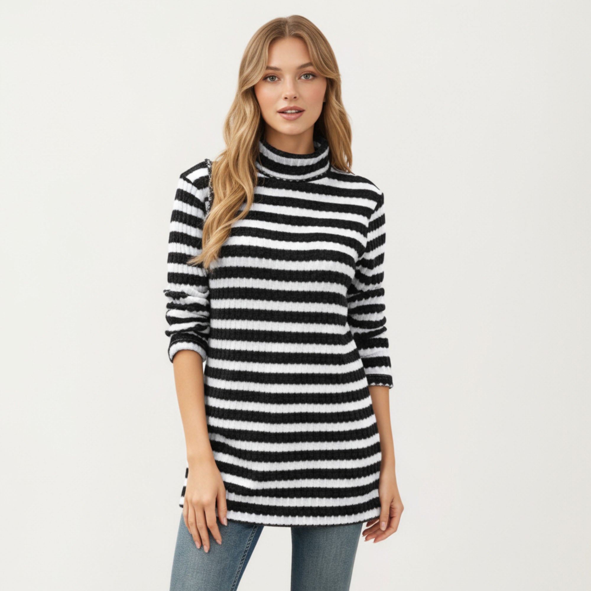 Anna-Kaci Women¡¯s Ribbed Turtleneck Pullover Top with Soft Textured Striped Knit Long Sleeves and Relaxed Tunic-Length Silhouette