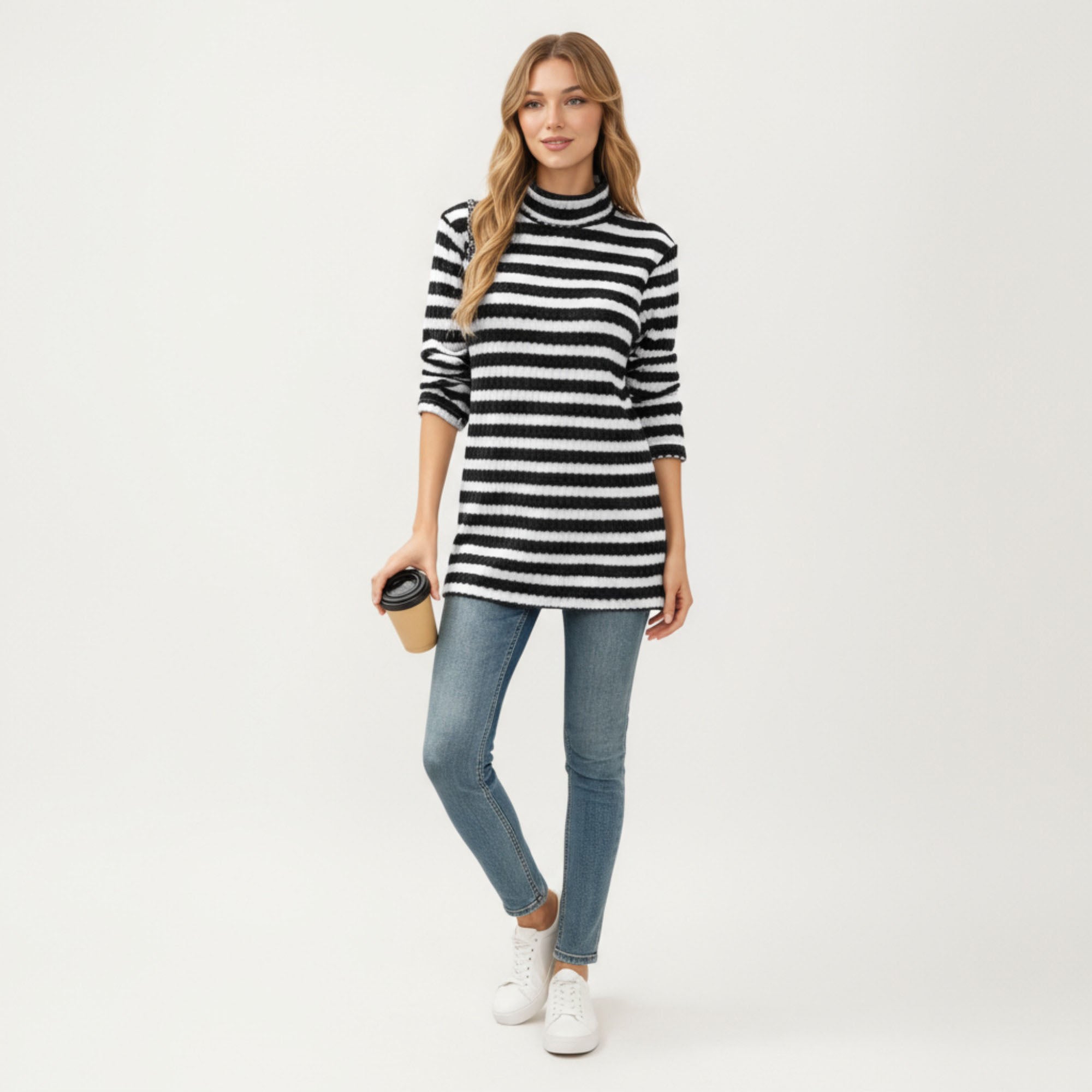 Anna-Kaci Women¡¯s Ribbed Turtleneck Pullover Top with Soft Textured Striped Knit Long Sleeves and Relaxed Tunic-Length Silhouette