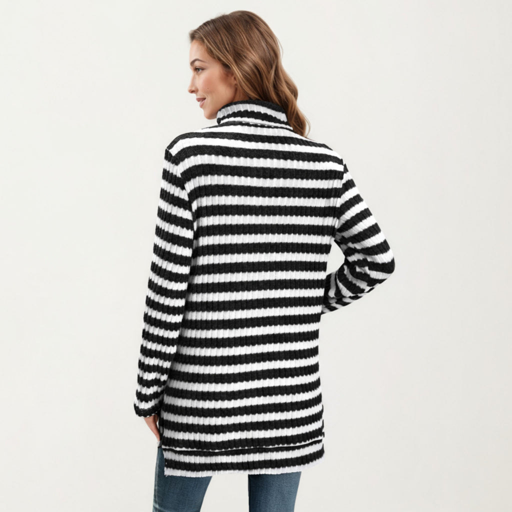 Anna-Kaci Women¡¯s Ribbed Turtleneck Pullover Top with Soft Textured Striped Knit Long Sleeves and Relaxed Tunic-Length Silhouette