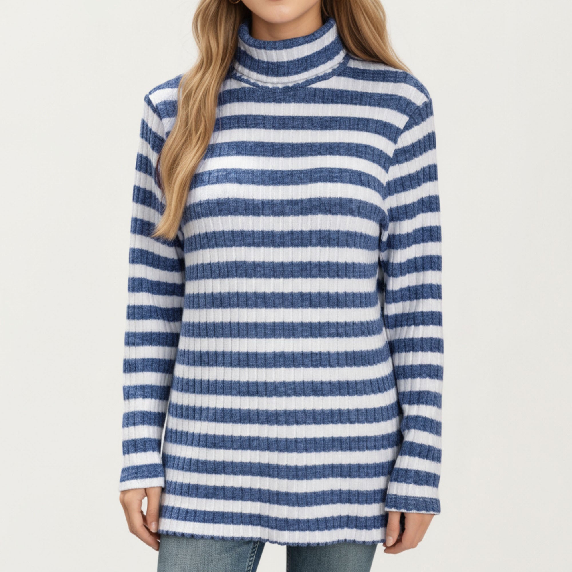 Anna-Kaci Women¡¯s Ribbed Turtleneck Pullover Top with Soft Textured Striped Knit Long Sleeves and Relaxed Tunic-Length Silhouette