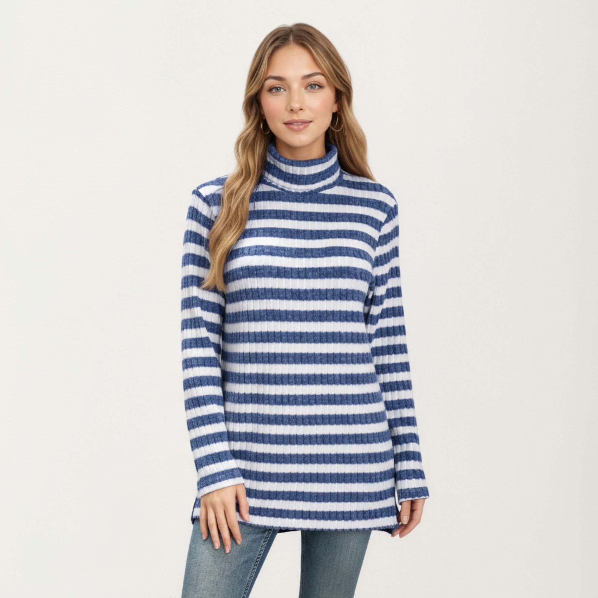 Anna-Kaci Women¡¯s Ribbed Turtleneck Pullover Top with Soft Textured Striped Knit Long Sleeves and Relaxed Tunic-Length Silhouette