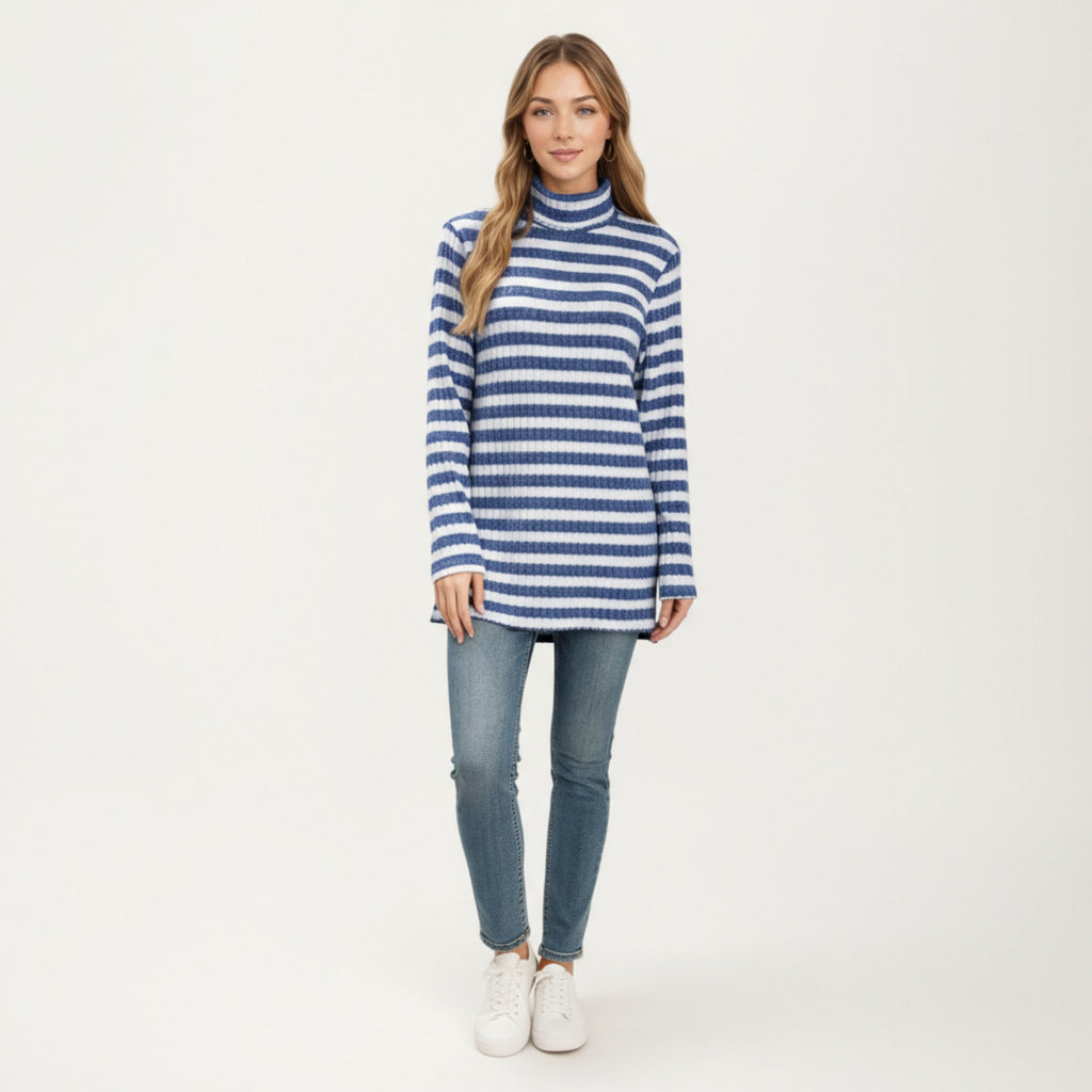 Anna-Kaci Women¡¯s Ribbed Turtleneck Pullover Top with Soft Textured Striped Knit Long Sleeves and Relaxed Tunic-Length Silhouette