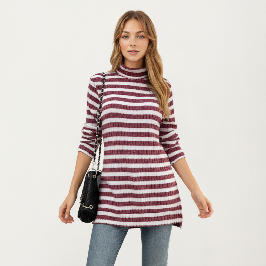 Anna-Kaci Women¡¯s Ribbed Turtleneck Pullover Top with Soft Textured Striped Knit Long Sleeves and Relaxed Tunic-Length Silhouette
