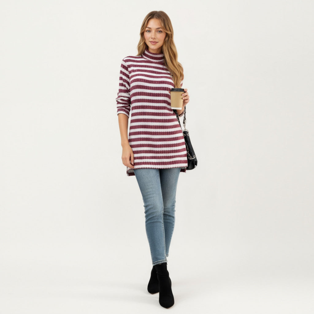 Anna-Kaci Women¡¯s Ribbed Turtleneck Pullover Top with Soft Textured Striped Knit Long Sleeves and Relaxed Tunic-Length Silhouette