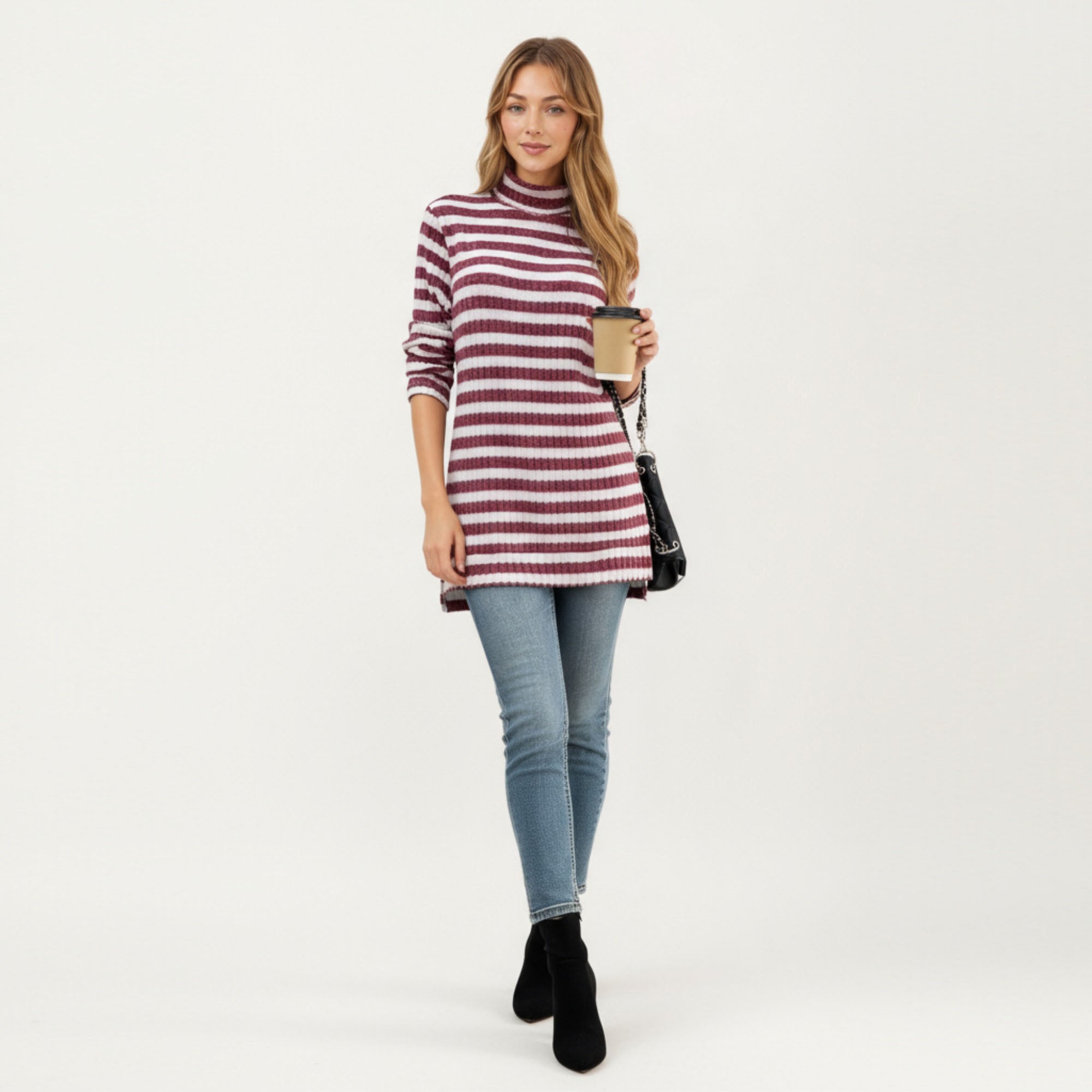 Anna-Kaci Women¡¯s Ribbed Turtleneck Pullover Top with Soft Textured Striped Knit Long Sleeves and Relaxed Tunic-Length Silhouette