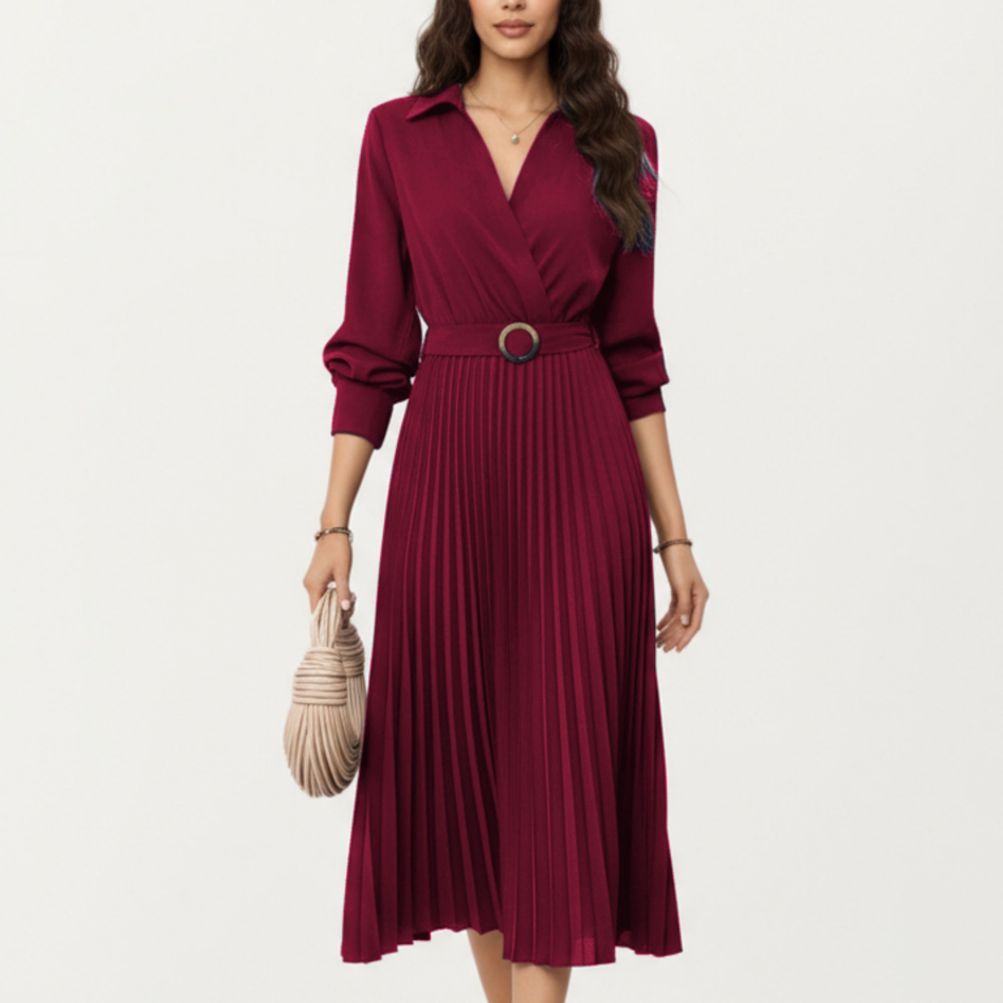 Anna-Kaci Women¡¯s Long Sleeve Dress with Pleated Skirt Structured Wrap Front Collar Detail and Belted Waist for a Smooth Flattering Shape