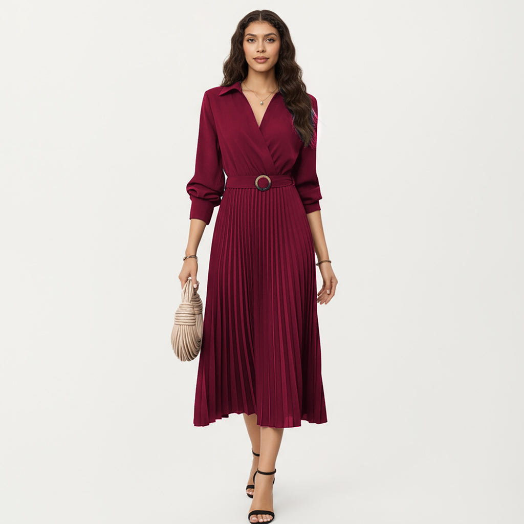 Anna-Kaci Women¡¯s Long Sleeve Dress with Pleated Skirt Structured Wrap Front Collar Detail and Belted Waist for a Smooth Flattering Shape