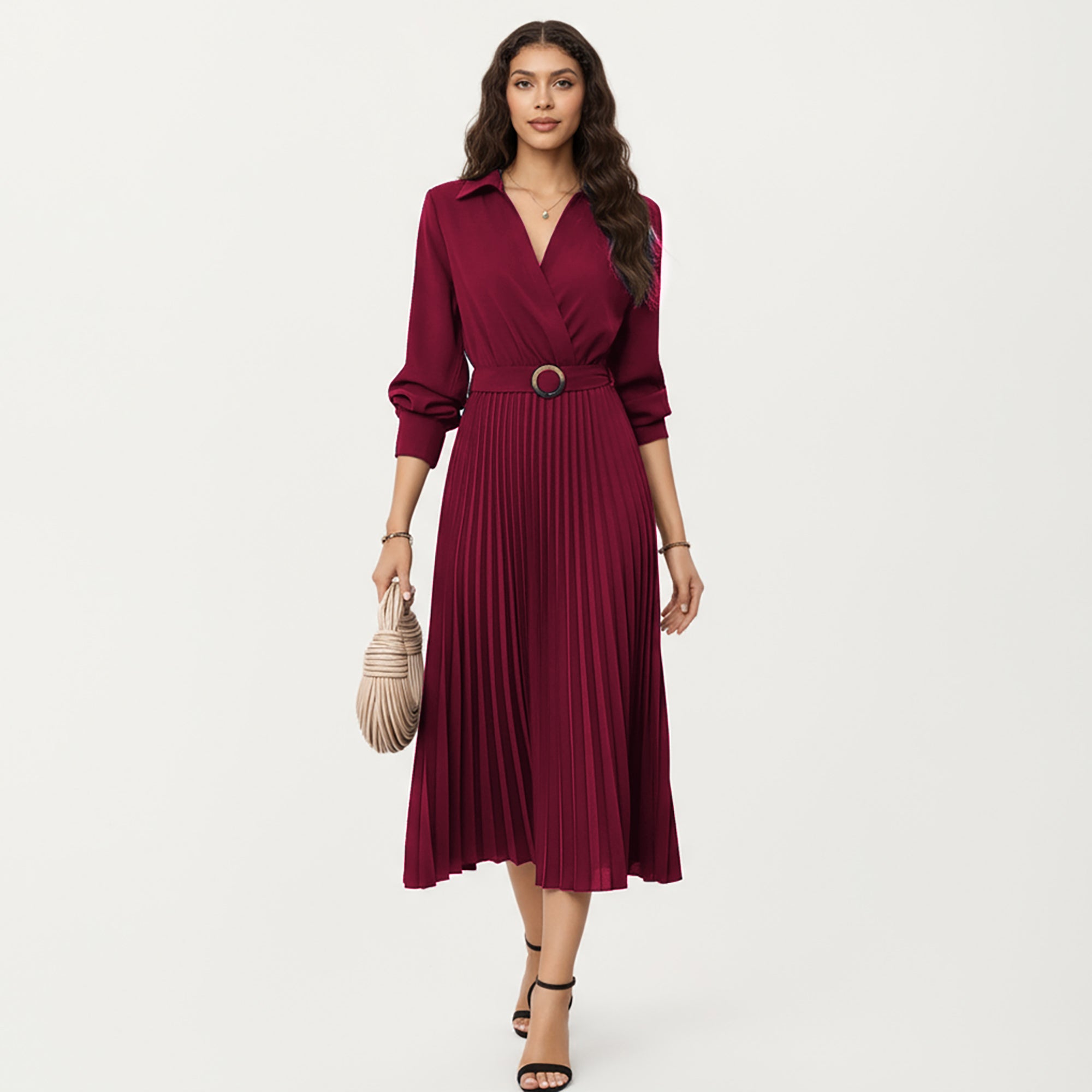 Anna-Kaci Women¡¯s Long Sleeve Dress with Pleated Skirt Structured Wrap Front Collar Detail and Belted Waist for a Smooth Flattering Shape