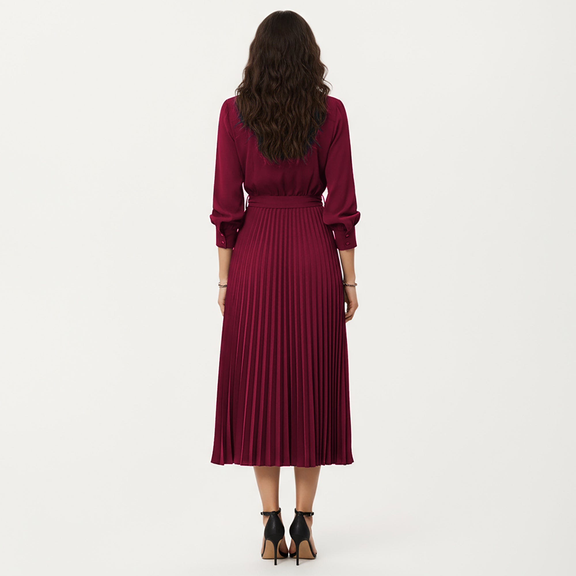 Anna-Kaci Women¡¯s Long Sleeve Dress with Pleated Skirt Structured Wrap Front Collar Detail and Belted Waist for a Smooth Flattering Shape