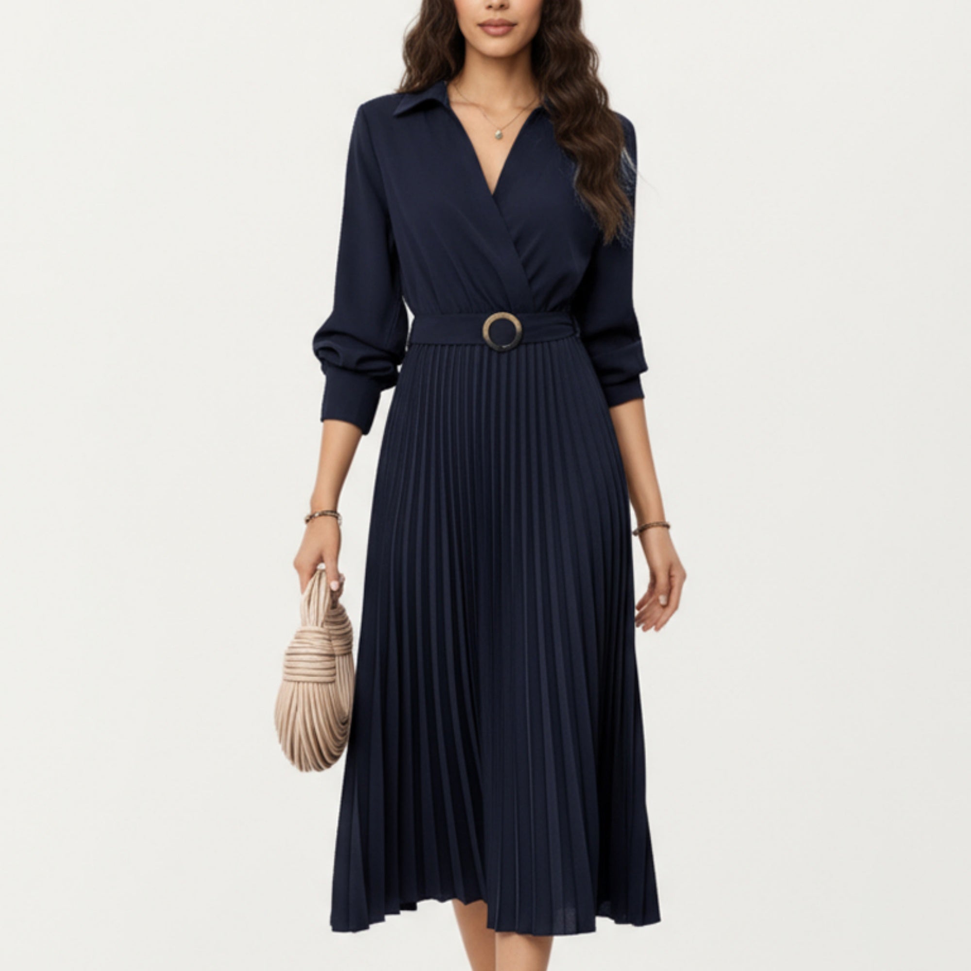 Anna-Kaci Women¡¯s Long Sleeve Dress with Pleated Skirt Structured Wrap Front Collar Detail and Belted Waist for a Smooth Flattering Shape