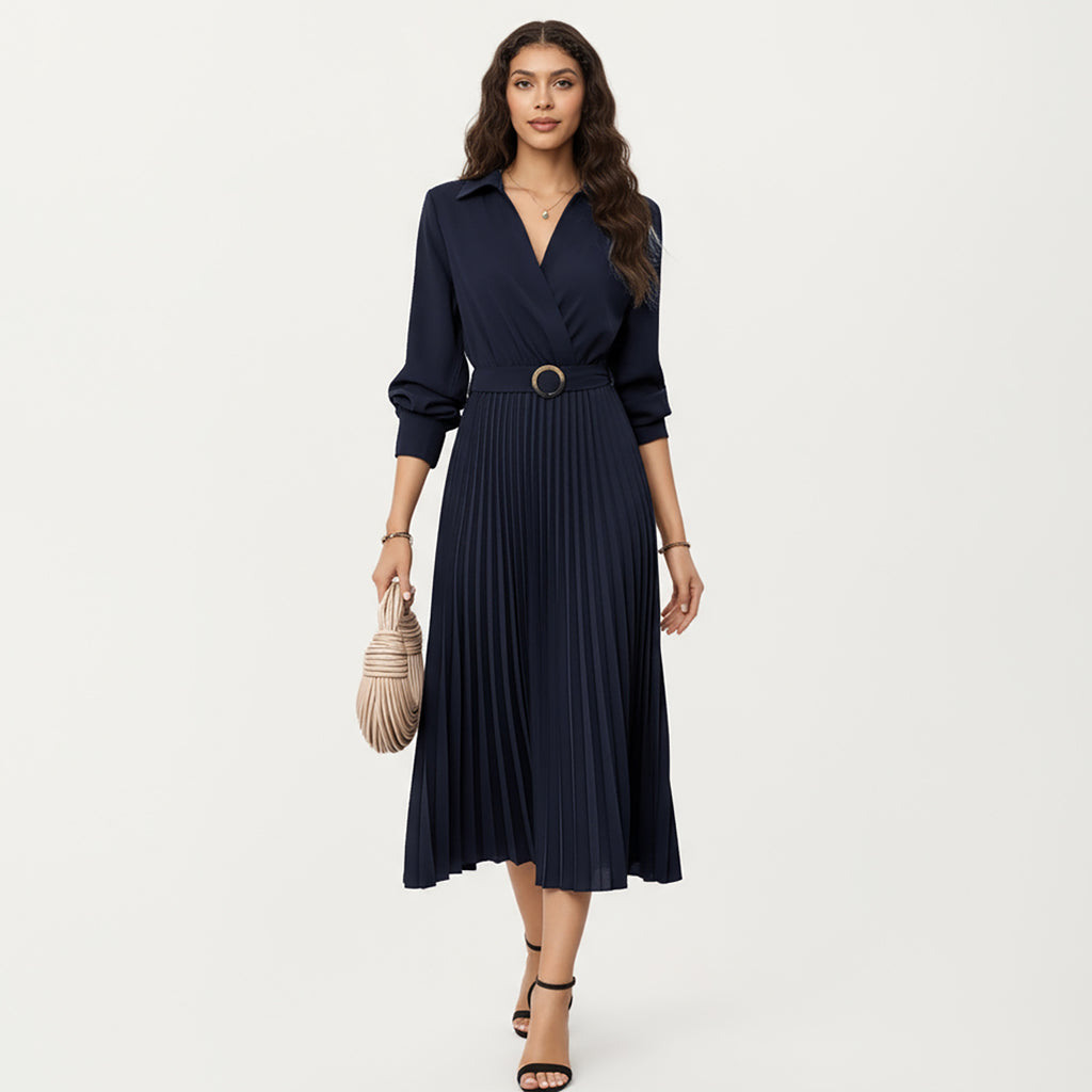 Anna-Kaci Women¡¯s Long Sleeve Dress with Pleated Skirt Structured Wrap Front Collar Detail and Belted Waist for a Smooth Flattering Shape