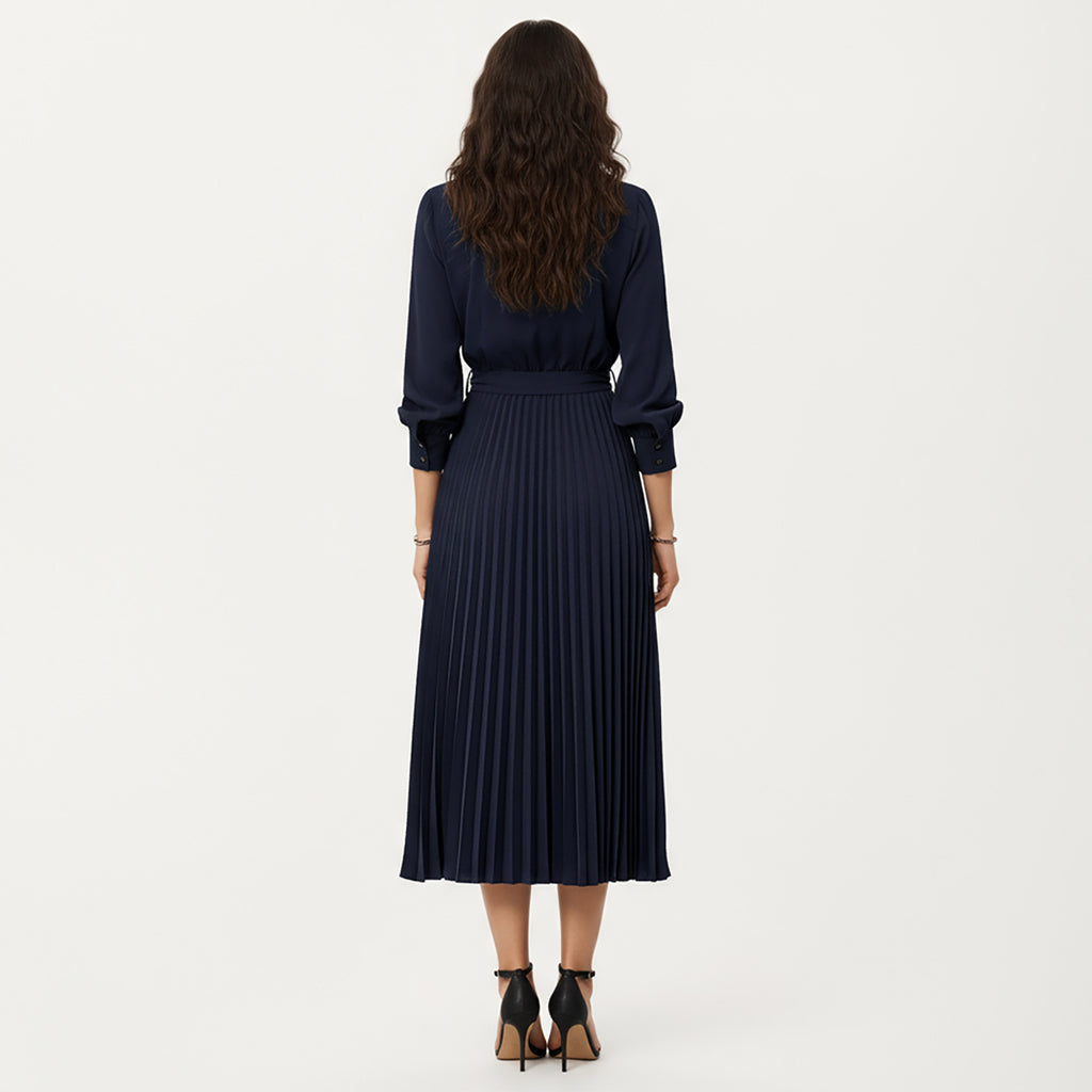 Anna-Kaci Women¡¯s Long Sleeve Dress with Pleated Skirt Structured Wrap Front Collar Detail and Belted Waist for a Smooth Flattering Shape