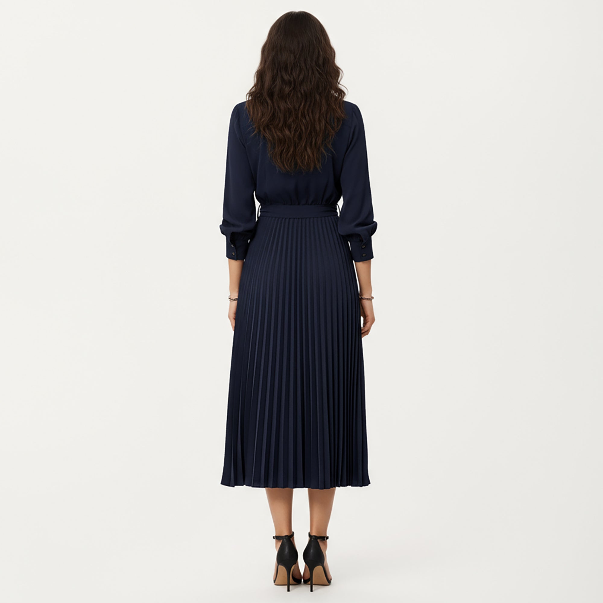 Anna-Kaci Women¡¯s Long Sleeve Dress with Pleated Skirt Structured Wrap Front Collar Detail and Belted Waist for a Smooth Flattering Shape