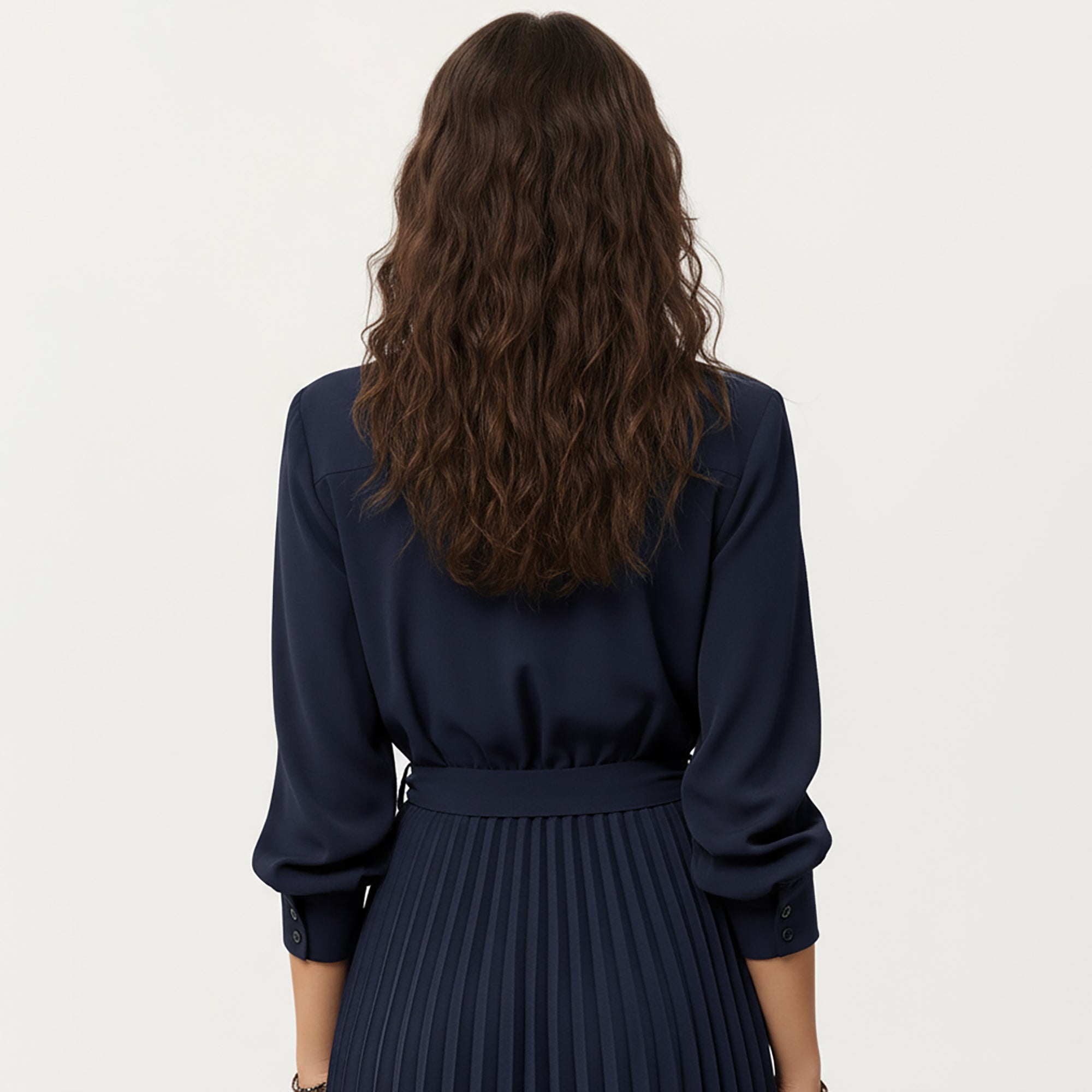Anna-Kaci Women¡¯s Long Sleeve Dress with Pleated Skirt Structured Wrap Front Collar Detail and Belted Waist for a Smooth Flattering Shape