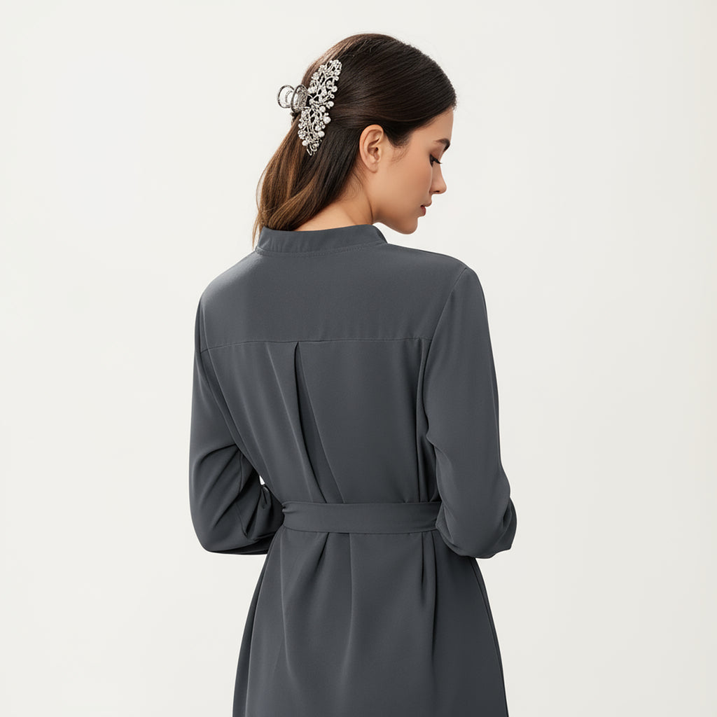 Anna-Kaci Women¡¯s Long Sleeve Button Front Dress with Soft Drape Tie Waist Detail and Smooth Structured Collarless Neckline Finish